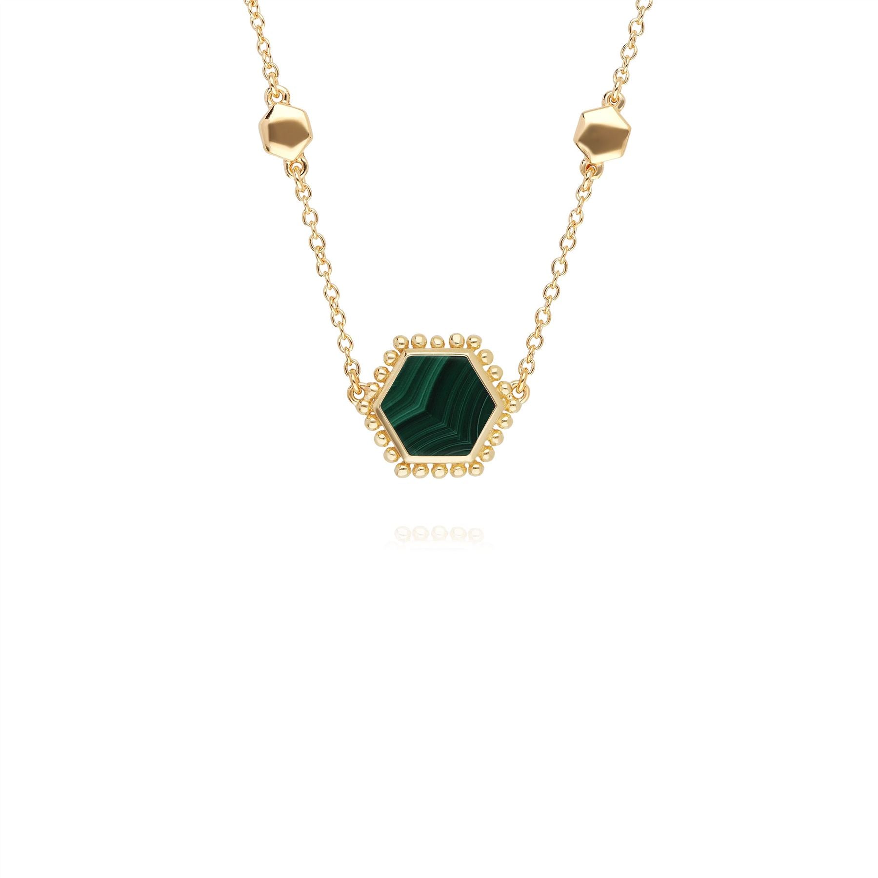 Collier Flat Slice Hexagone Argent 925 Plaqué Or Malachite