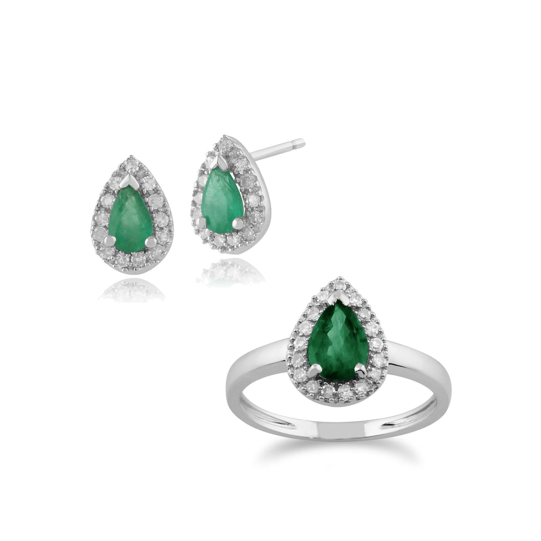 Boucles d'Oreilles Clou et Bague Classique Or Blanc 375 Emeraude Poire et Diamant Halo