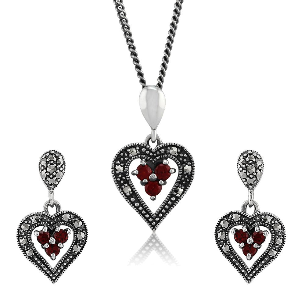 Pendentif et Boucles d'Oreilles Pendantes Cœur Style Art Déco Argent 925 Grenat Rond et Marcassite