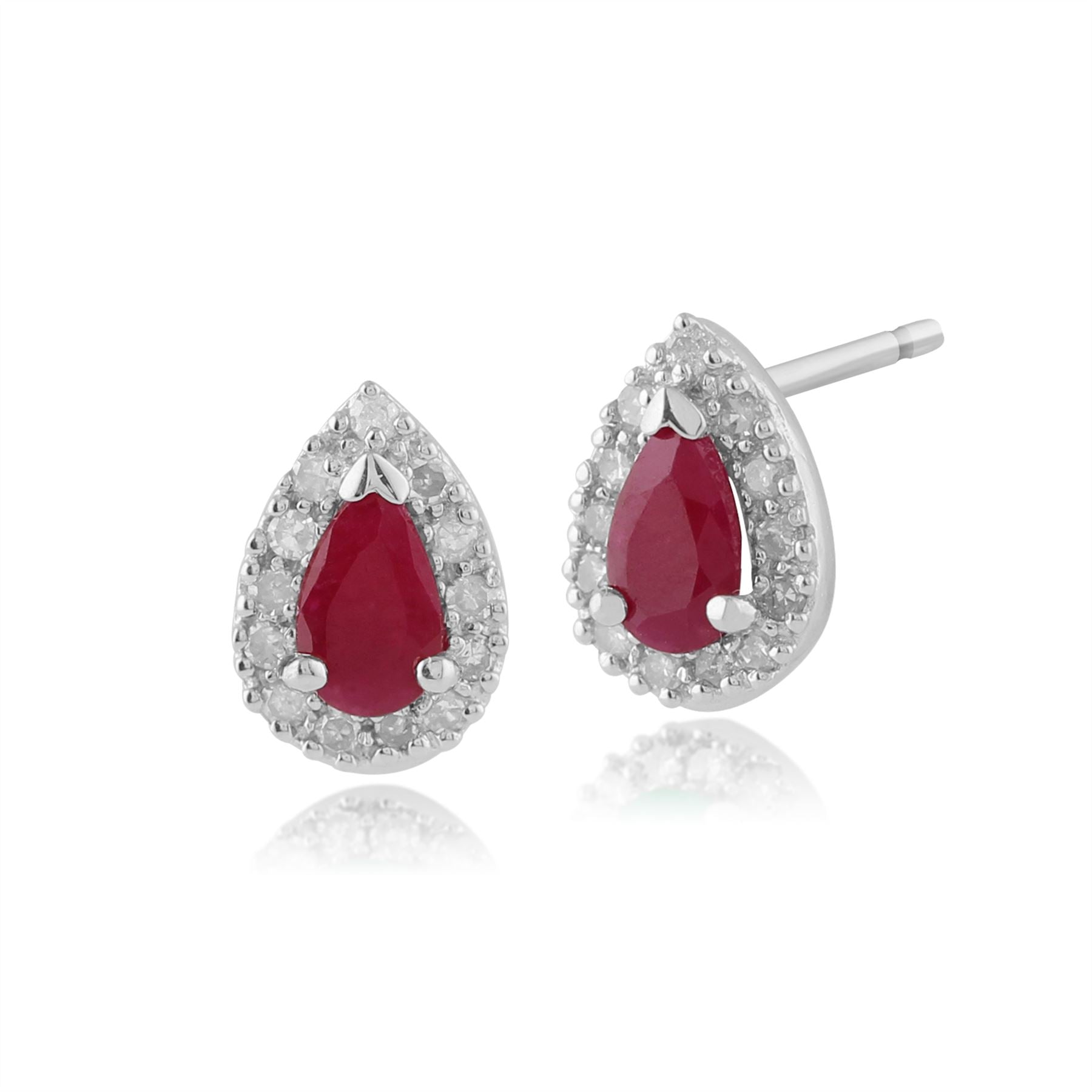 Boucles d'Oreilles Clou et Bague Classique Or Blanc 375 Rubis Poire et Diamant Halo