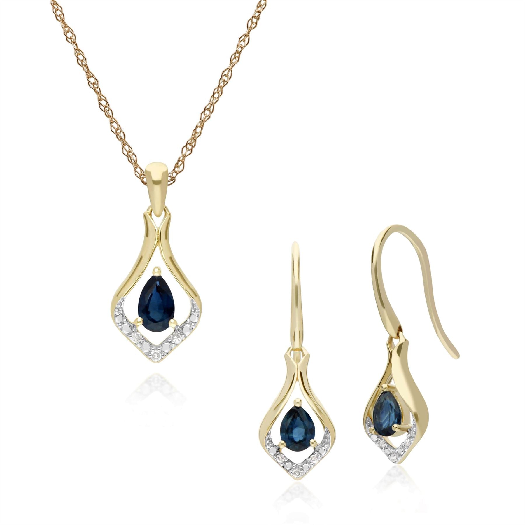 Boucles d'Oreilles Dormeuses et Pendentif Feuille Classique Or Jaune 375 Saphir et Diamant