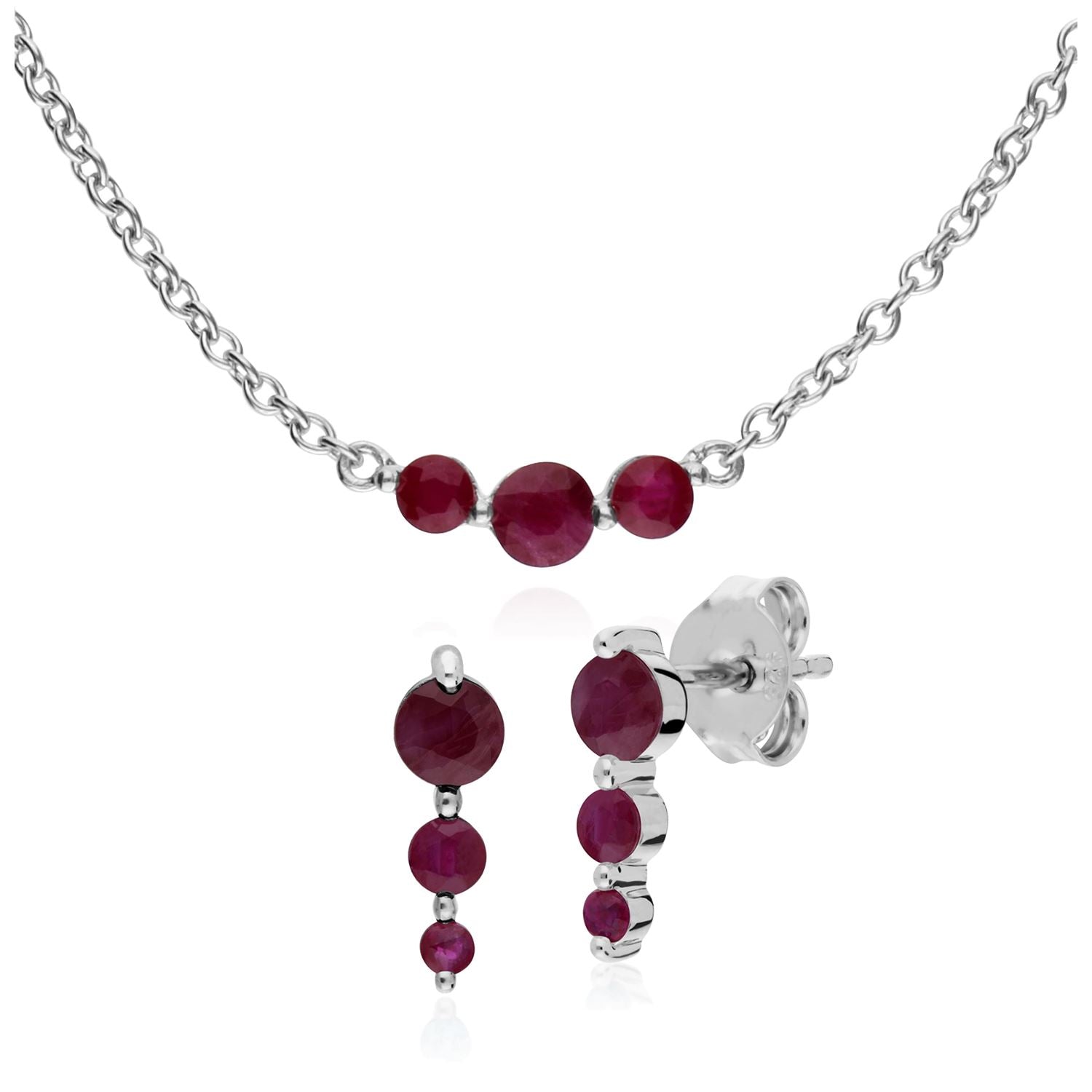 Collier et Boucles d'Oreilles Classique Argent 925 Rubis Rond Trois Pierres