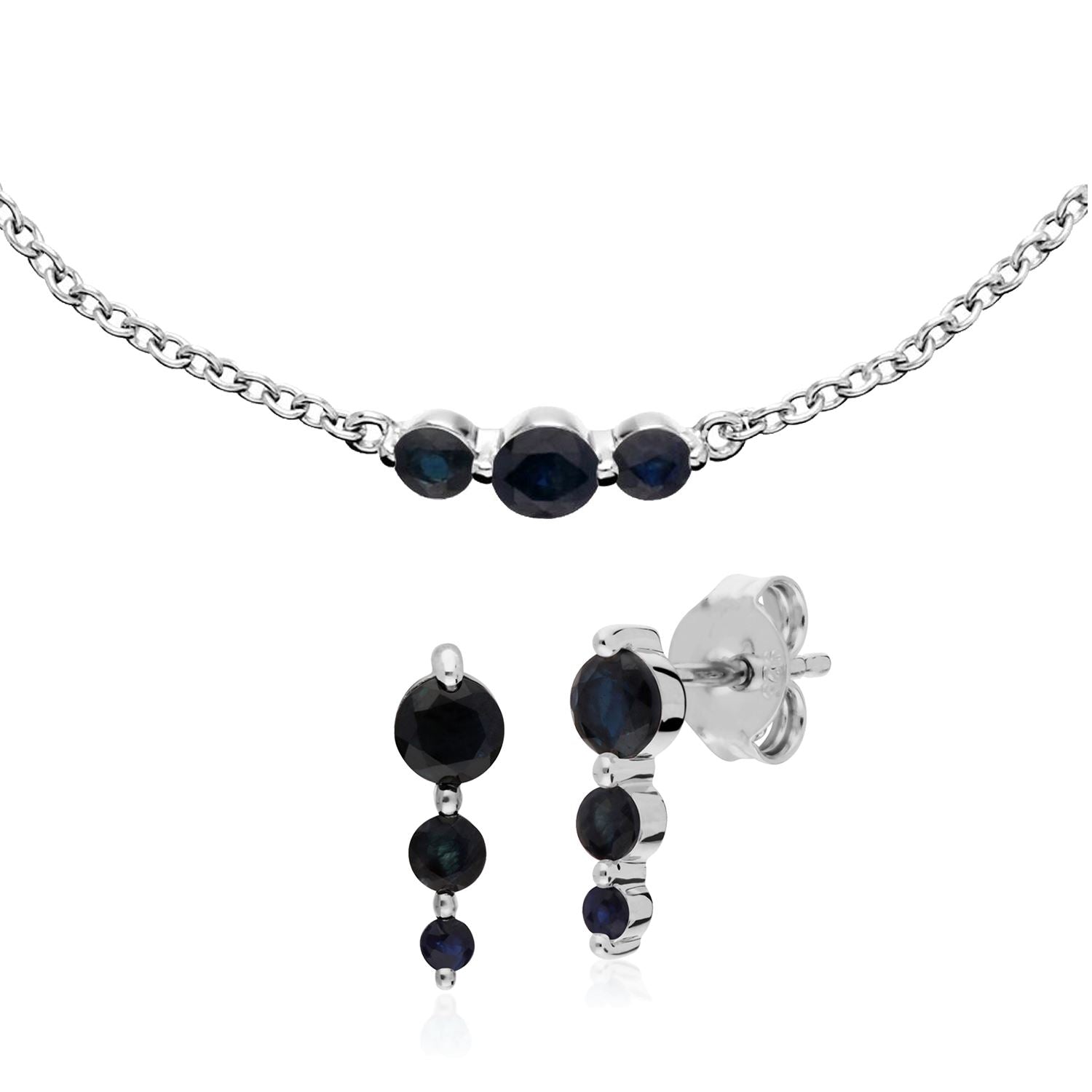 Boucles d'Oreilles et Bracelet Classique Argent 925 Saphir Trois Pierres