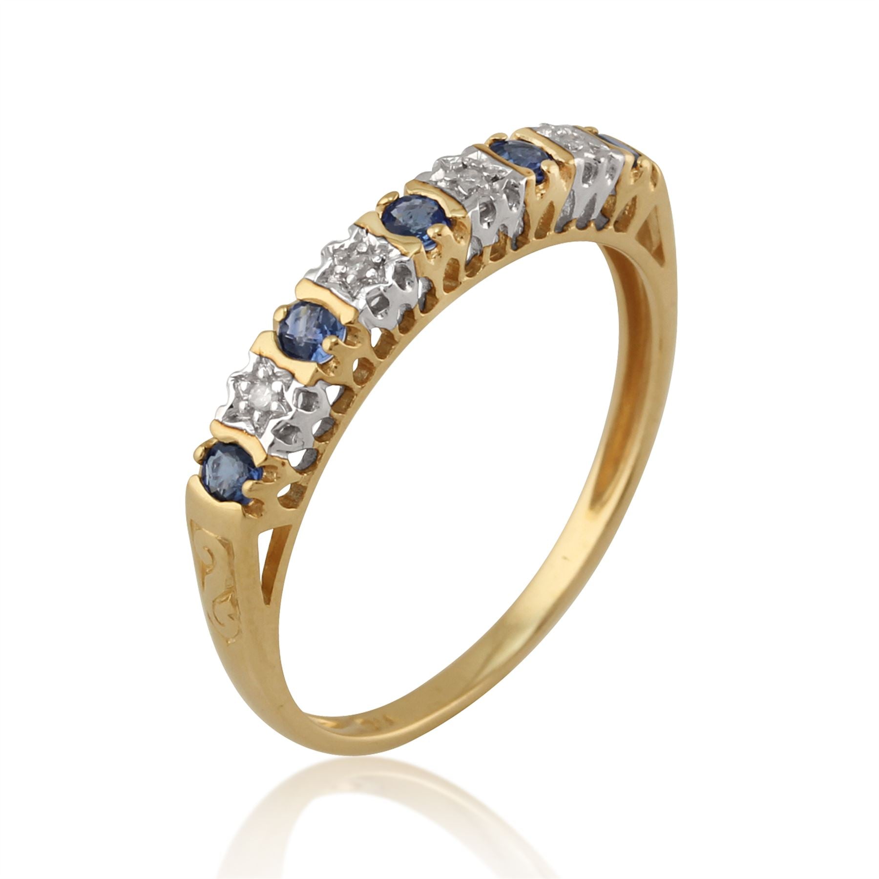 Bague Demi- Eternité en Or Jaune 9ct Carat avec des Saphirs Bleus et Diamants Ronds