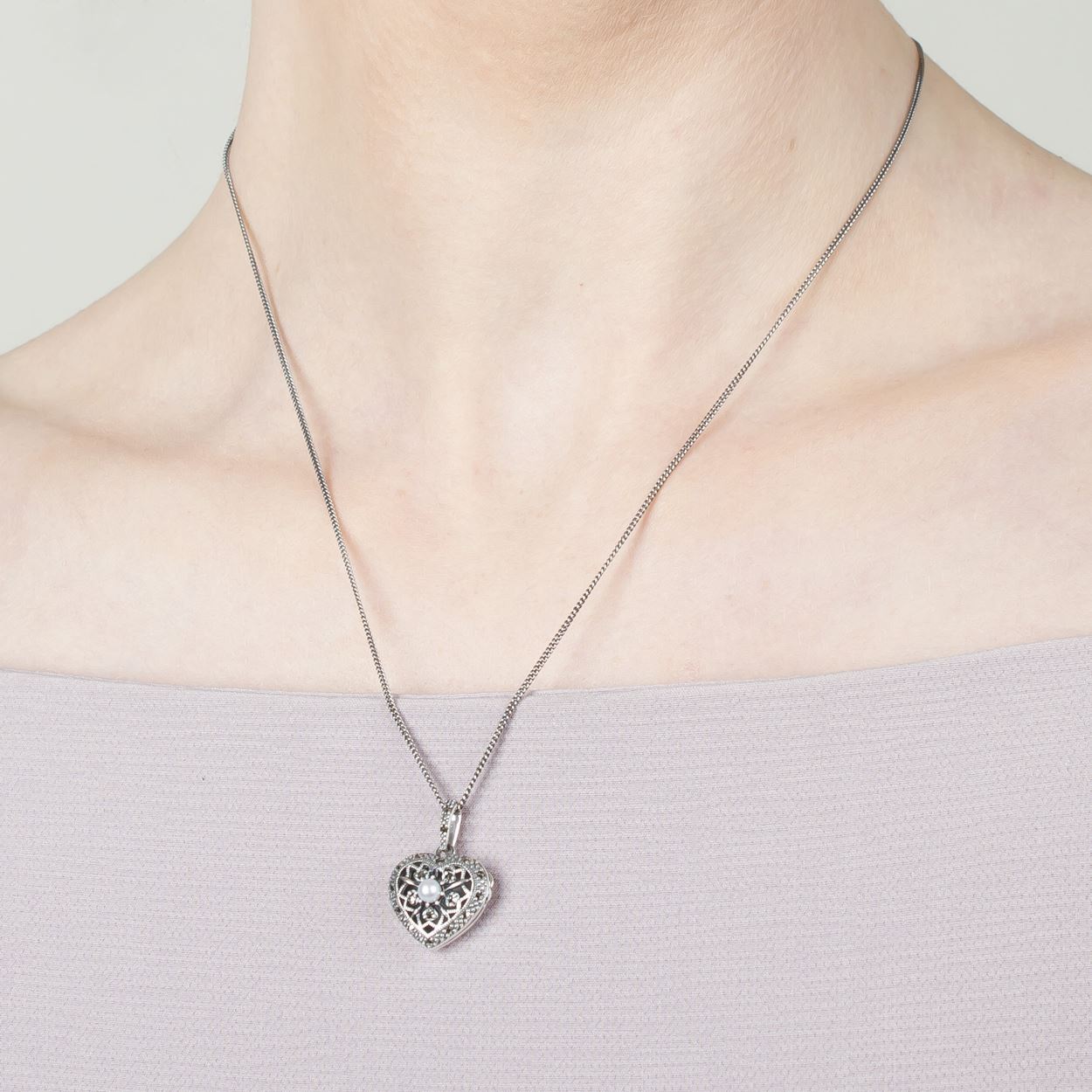 Collier Cœur Porte-Photo Style Art Nouveau Argent 925 Opale et Marcassite
