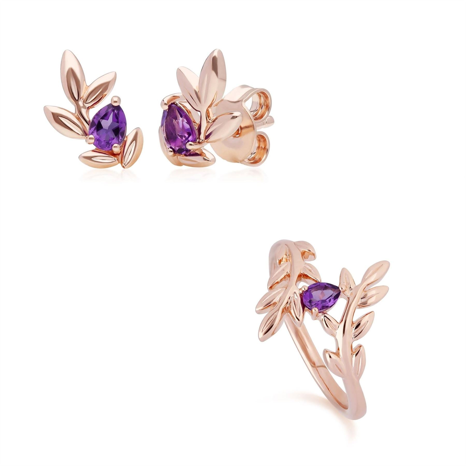 Bague et Boucles d'Oreilles Clou O Leaf Or Rose 375 Améthyste