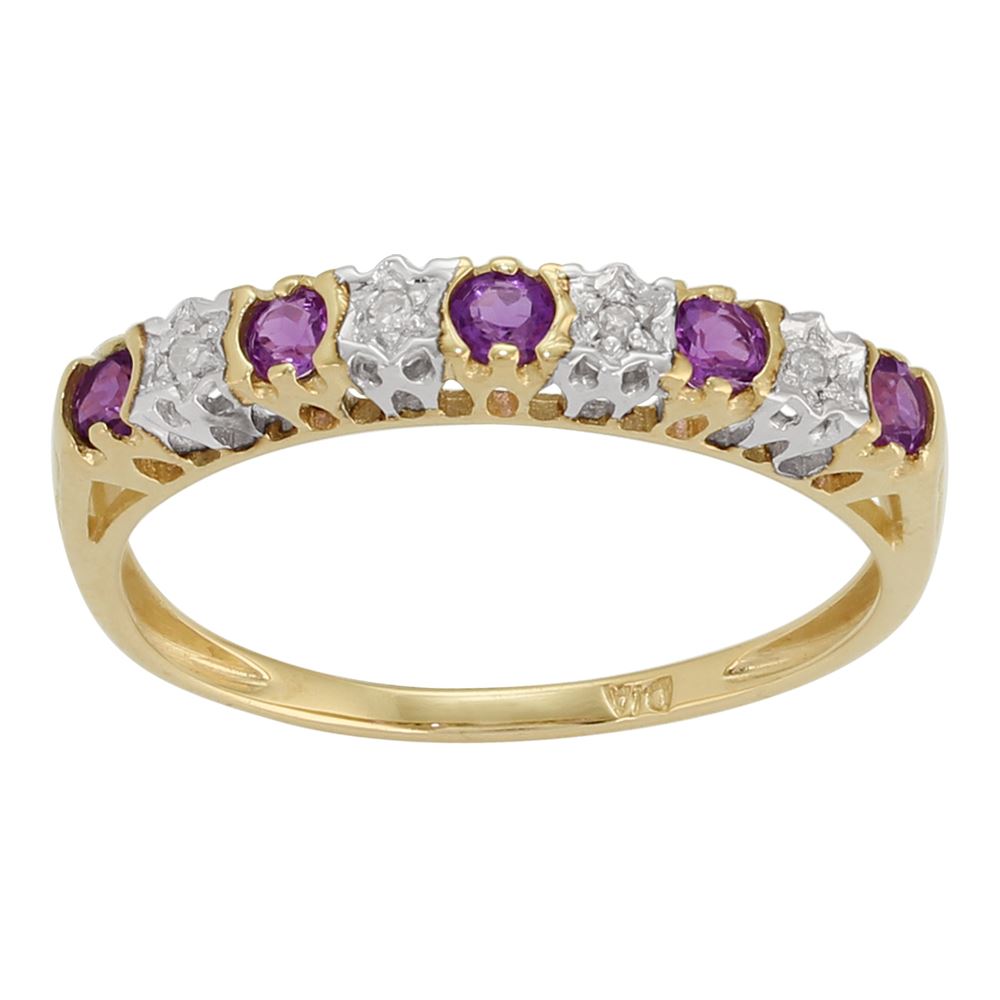 Bague Demi-Eternité en Or Jaune 9ct avec Améthystes et Diamants Ronds