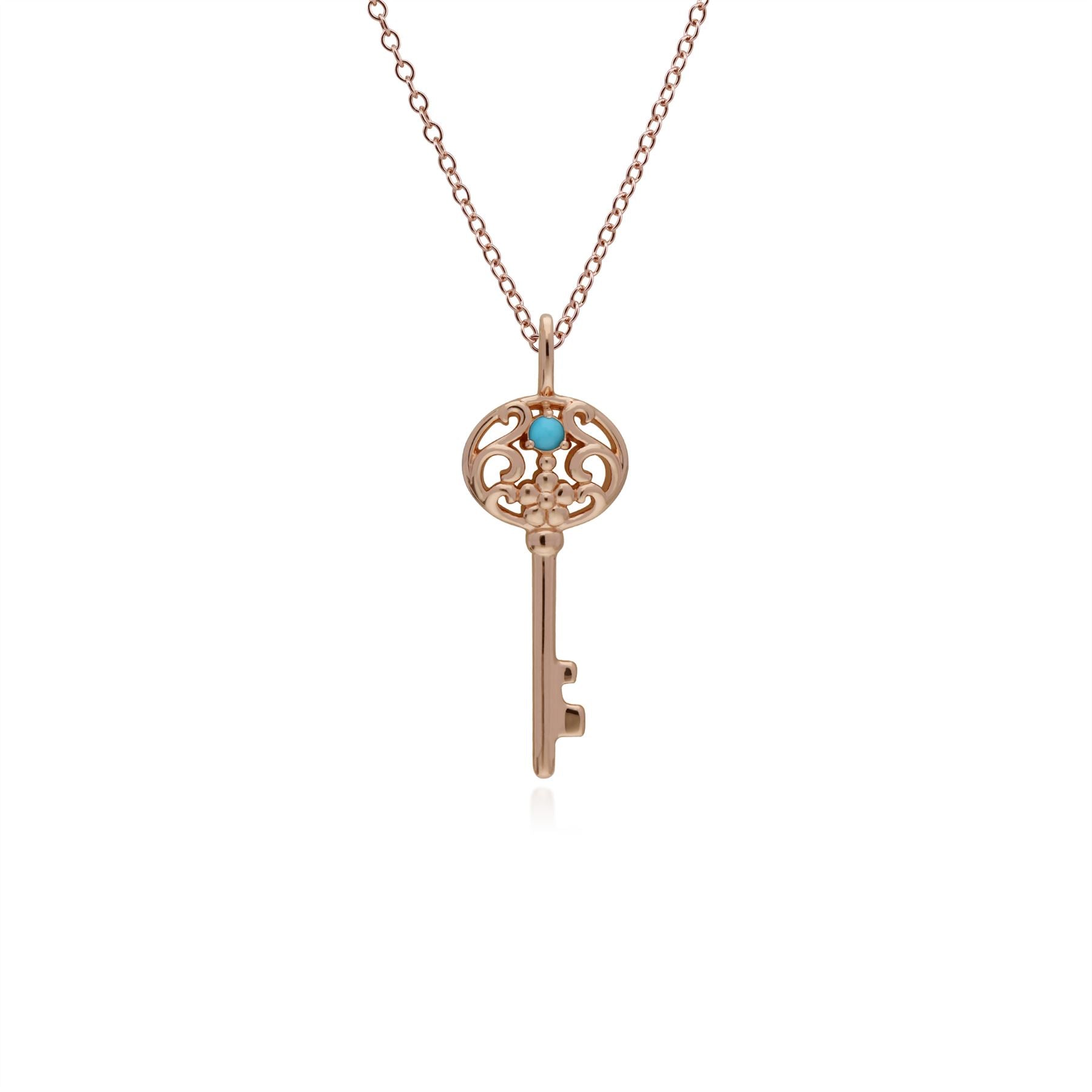 Pendentif Classique Cadenas Cœur Argent 925 Plaqué Or Rose et Charms Grande Clé Turquoise