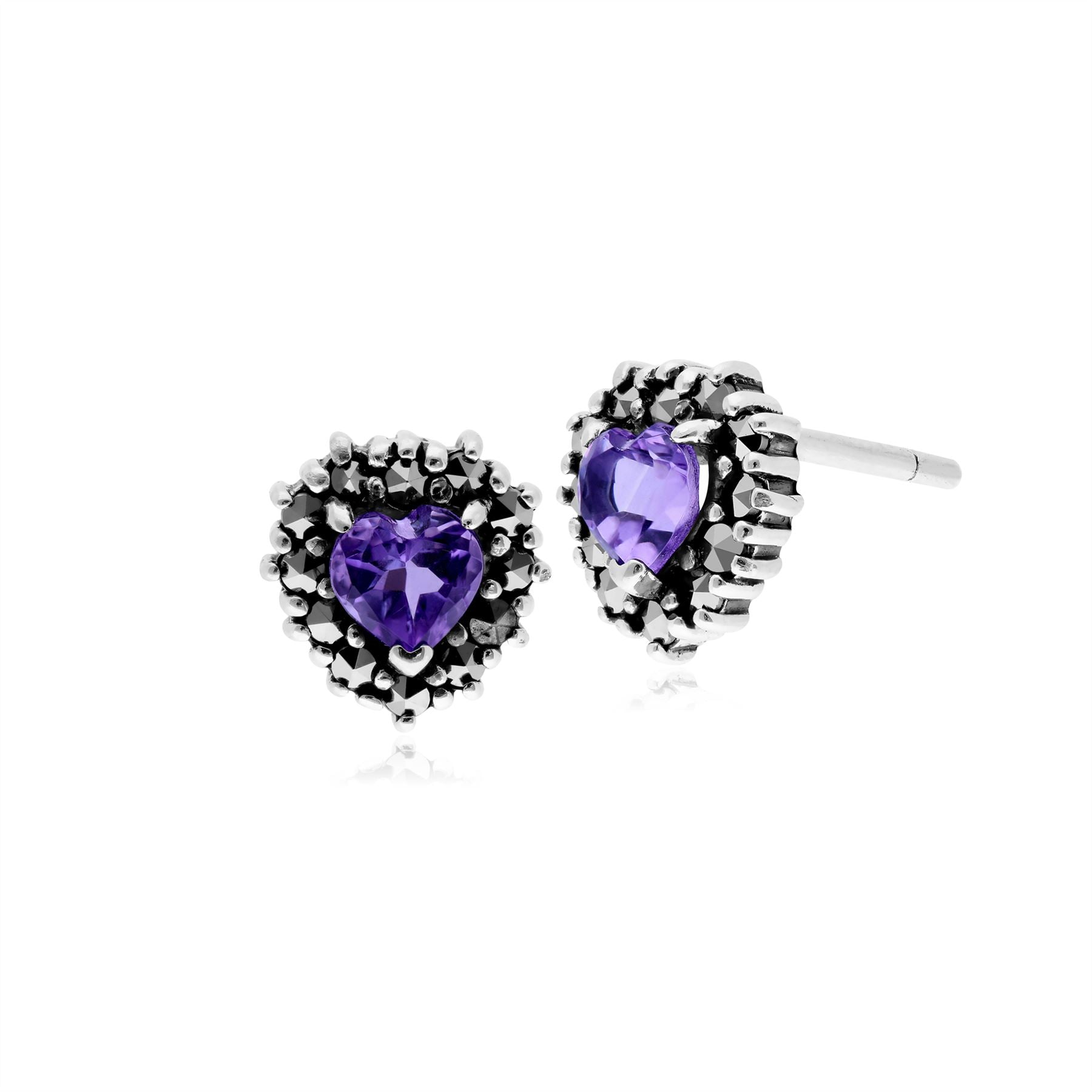 Boucles d'Oreilles Clou Cœur Classique Argent 925 Améthyste et Marcassite Halo