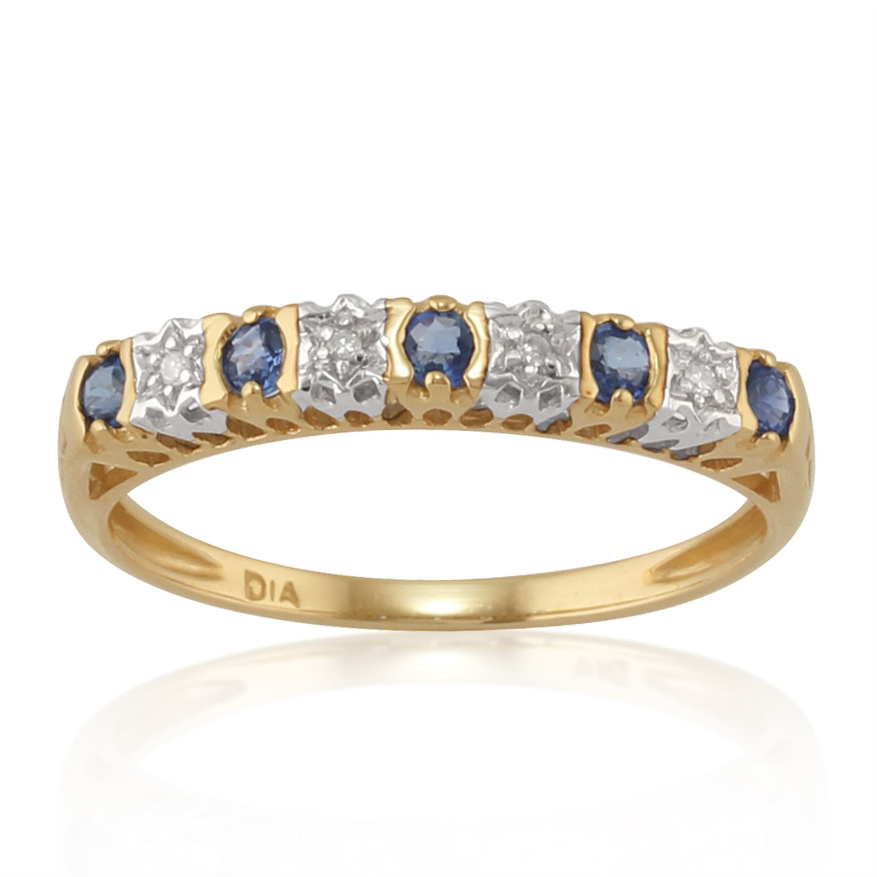 Bague Demi- Eternité en Or Jaune 9ct Carat avec des Saphirs Bleus et Diamants Ronds