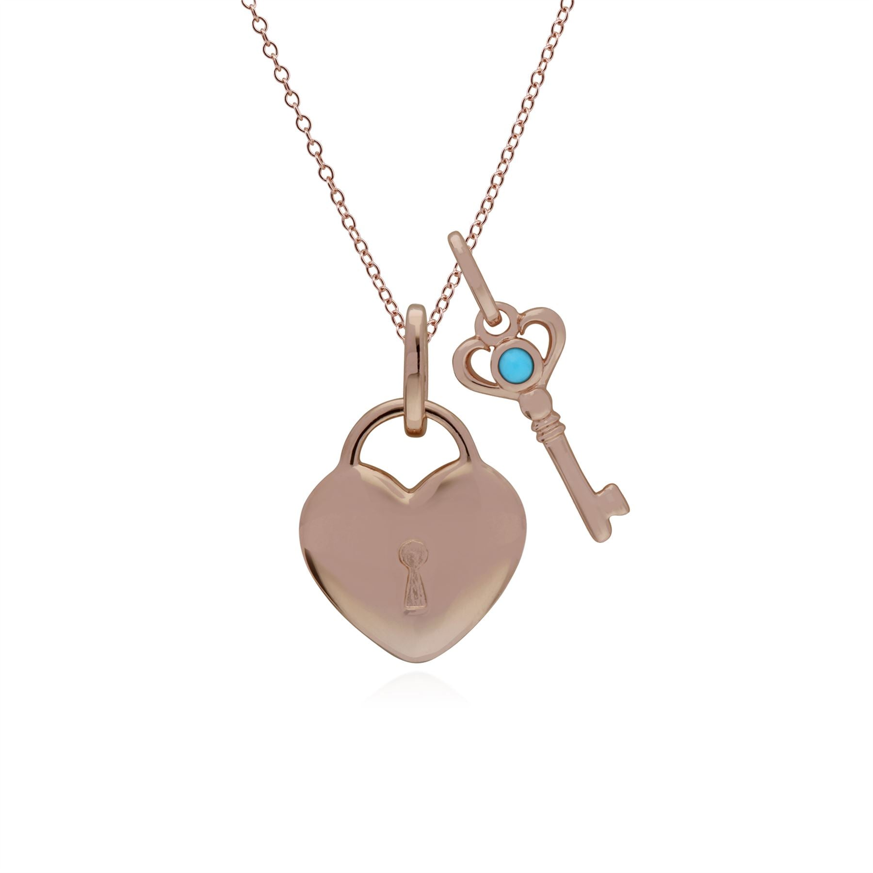 Pendentif Classique Cadenas Cœur Argent 925 Plaqué Or Rose et Charms Clé Turquoise