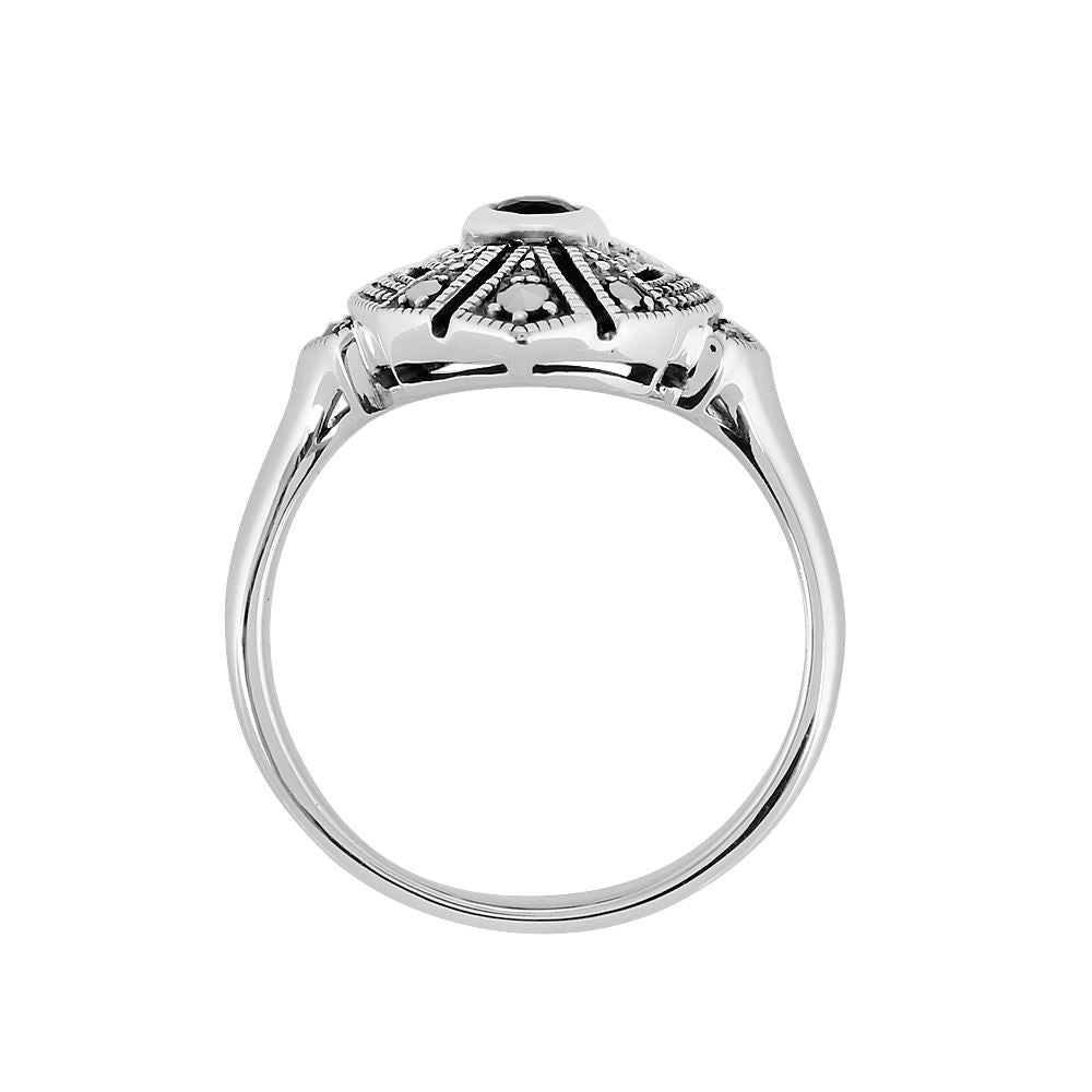 Bague cocktail ovale style art déco en argent sterling 925 avec onyx noir et marcassite