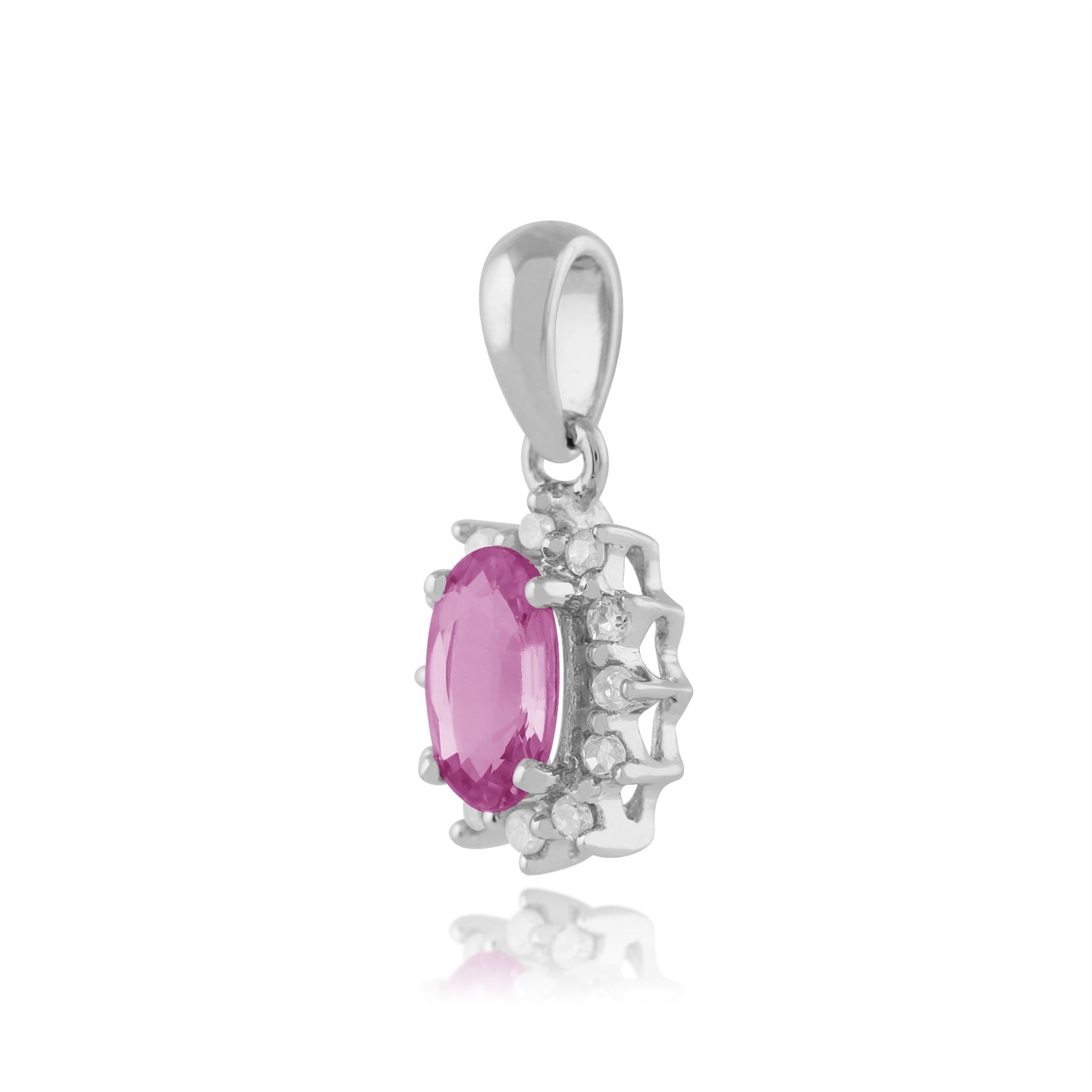 Pendentif Classique Or Blanc 375 Saphir Oval Rose et serti de Diamant avec une chaîne de 45cm