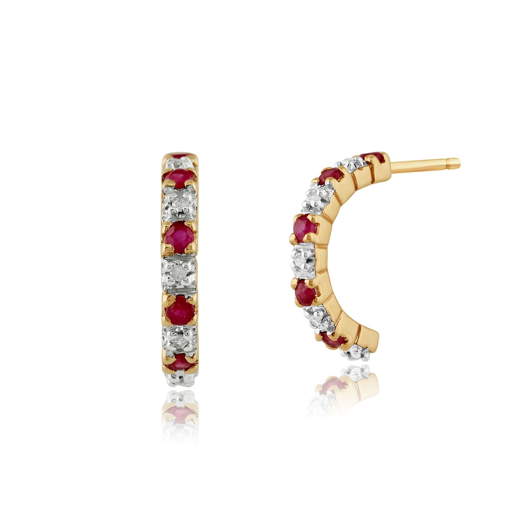 Boucles d'Oreilles Demi Créoles et Bague Demi-Eternité Classique Or Jaune 375 Rubis Rond et Diamant