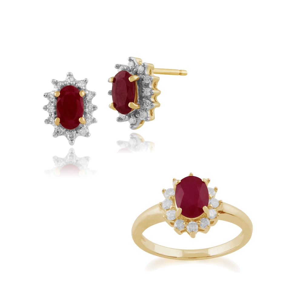 Boucles d'Oreilles Clou et Bague Oval Classique Or Jaune 375 Emeraude et Diamant Halo Cluster