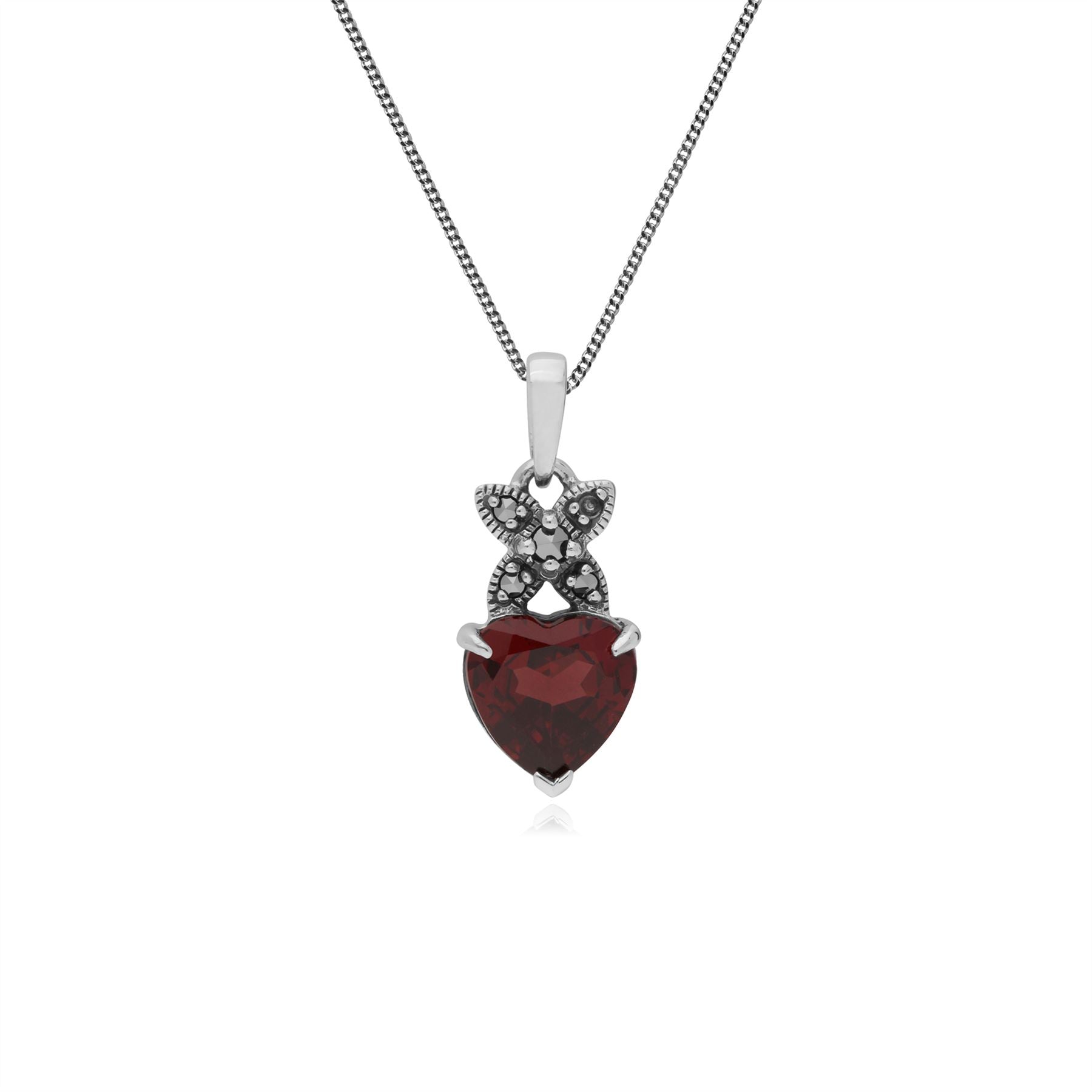 Pendentif Cœur Classique Argent 925 Grenat et Marcassite bélière Croisée