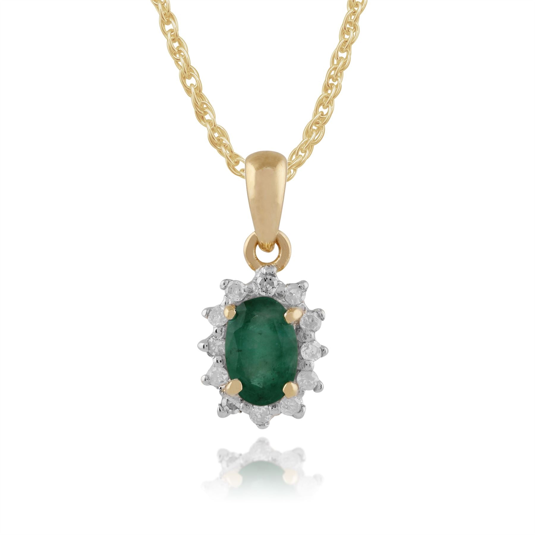 Pendentif et Bague Oval Classique Or Jaune 375 Emeraude et Diamant Halo Cluster