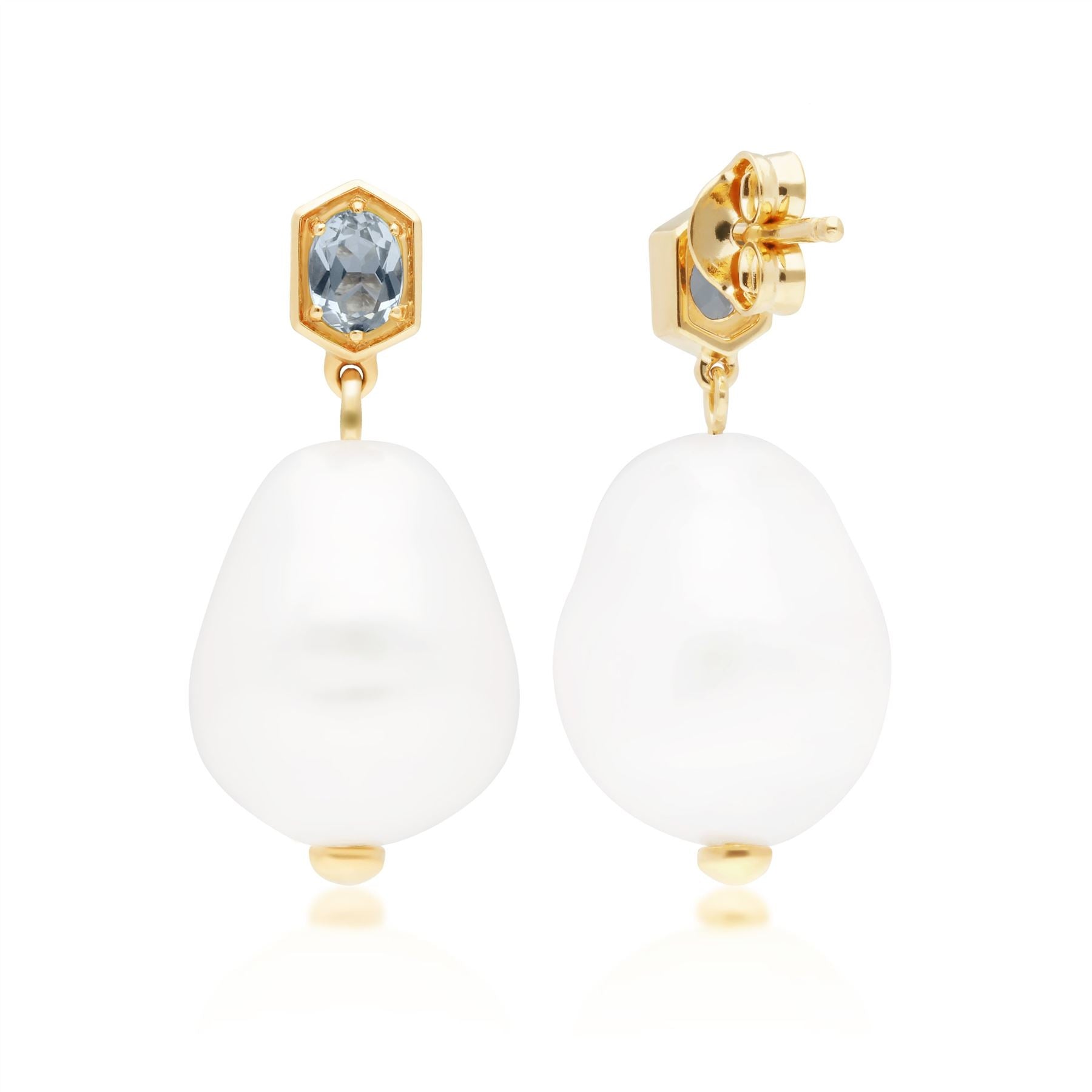 Boucles d'Oreilles Pendantes Moderne Argent 925 Plaqué Or Perle Baroque et Aigue-Marine