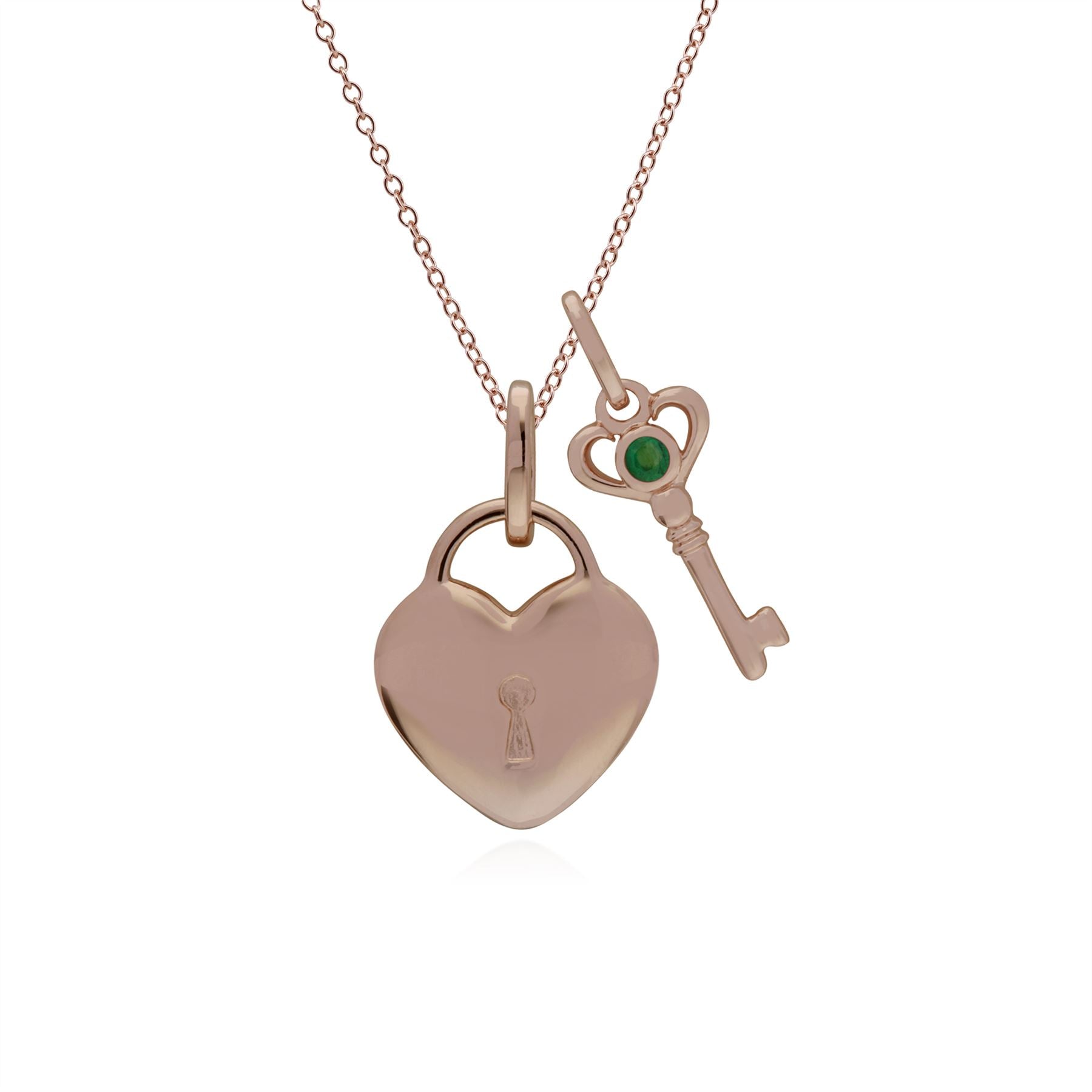 Pendentif Classique Cadenas Cœur Argent 925 Plaqué Or Rose et Charms Clé Emeraude