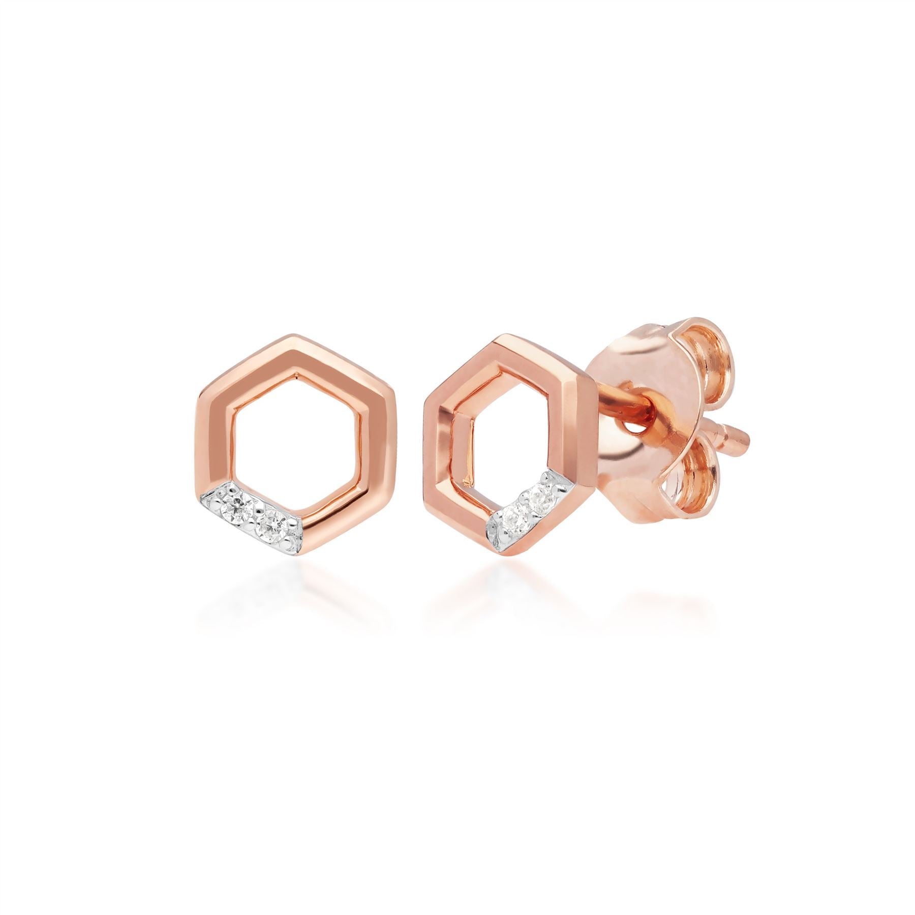 Collier et Boucles d'Oreilles Clou Hexagone Pavé Diamant Or Rose 375 Diamant