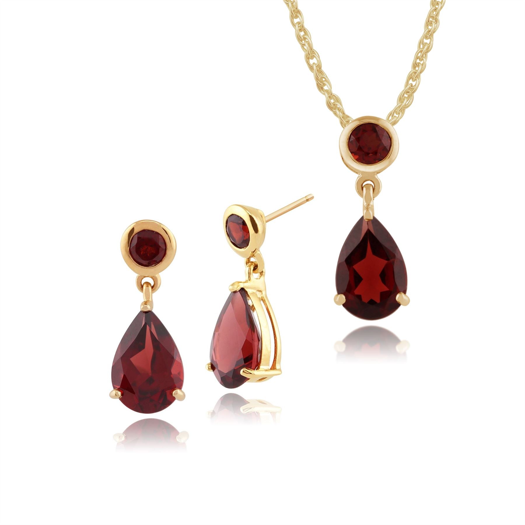 Pendentif et Boucles d'Oreilles Pendantes Classique Or Jaune 375 Grenat Rond et Poire