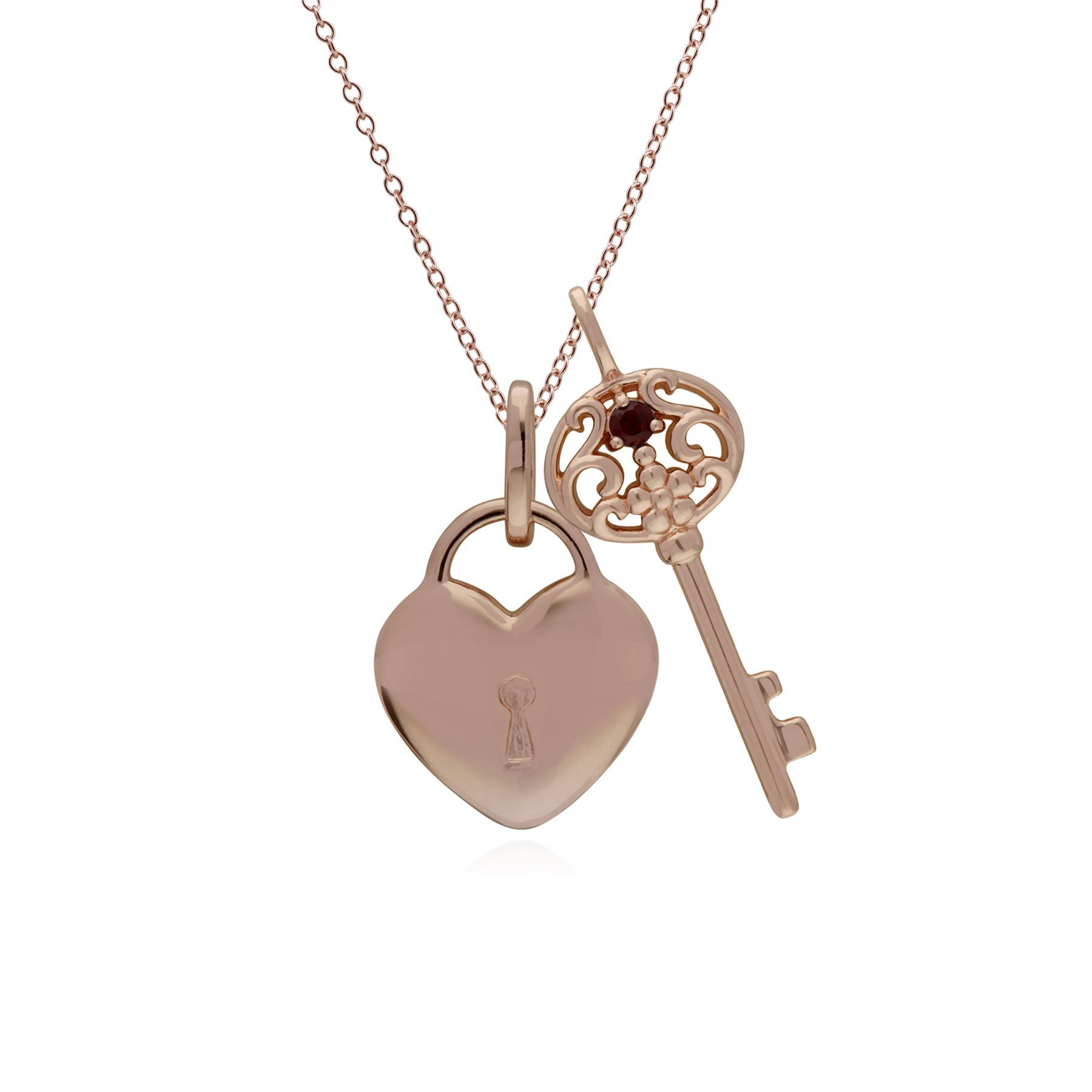 Pendentif Classique Cadenas Cœur Argent 925 Plaqué Or Rose et Charms Grande Clé Grenat