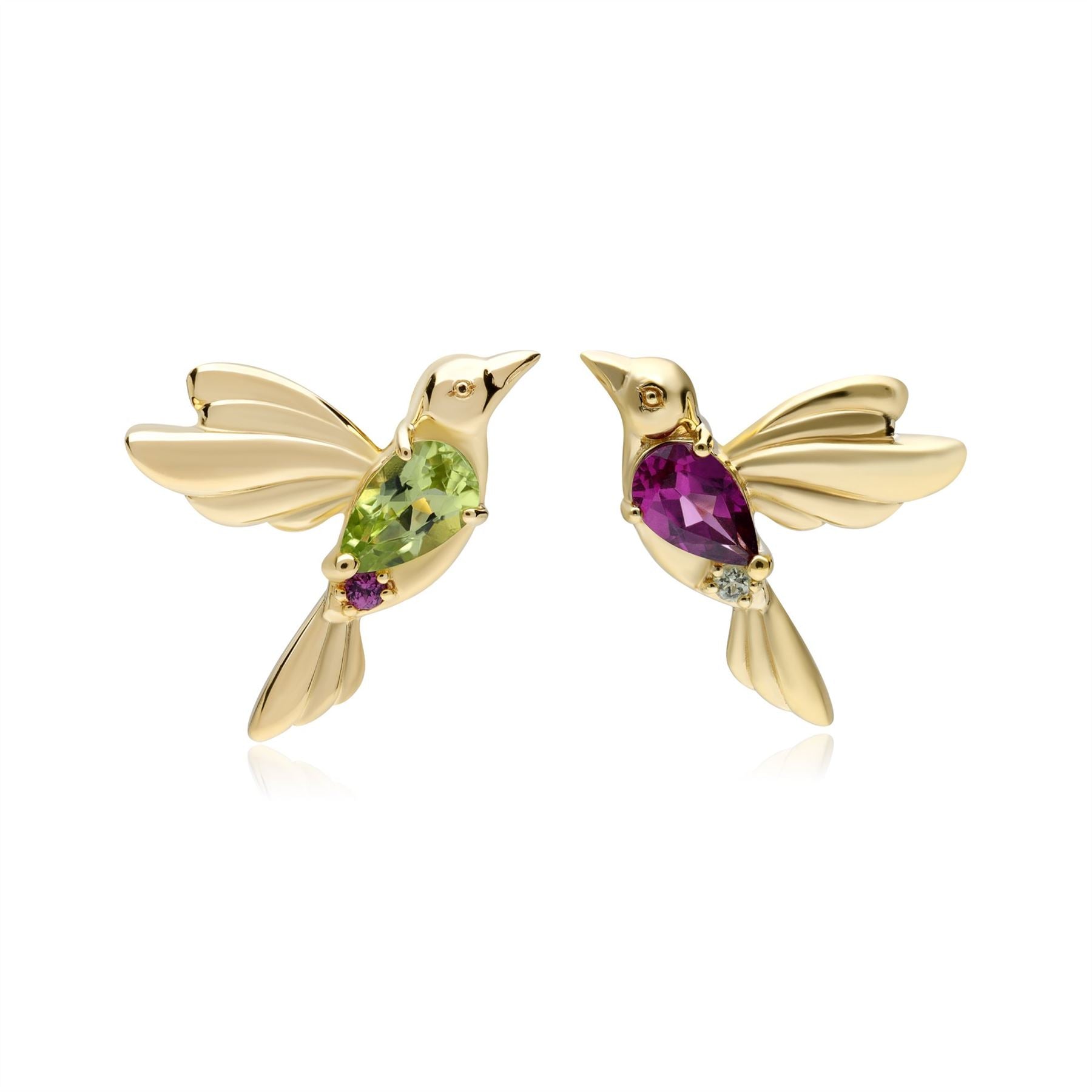 Boucles d'Oreilles Clous Asymétriques Colibri ECFEW™ 'The Creator' Péridot et Rhodolite
