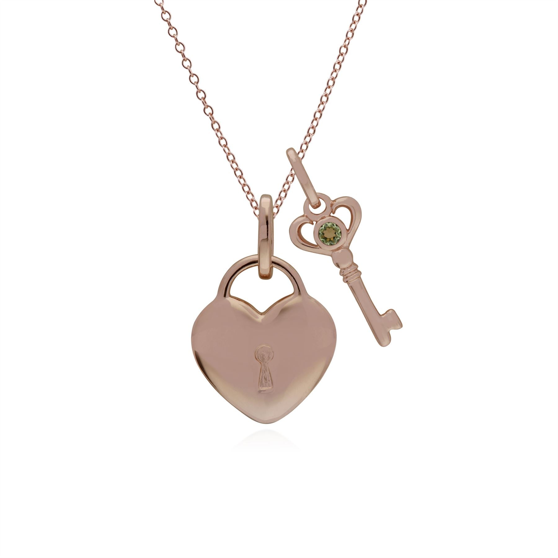 Pendentif Classique Cadenas Cœur Argent 925 Plaqué Or Rose et Charms Clé Péridot