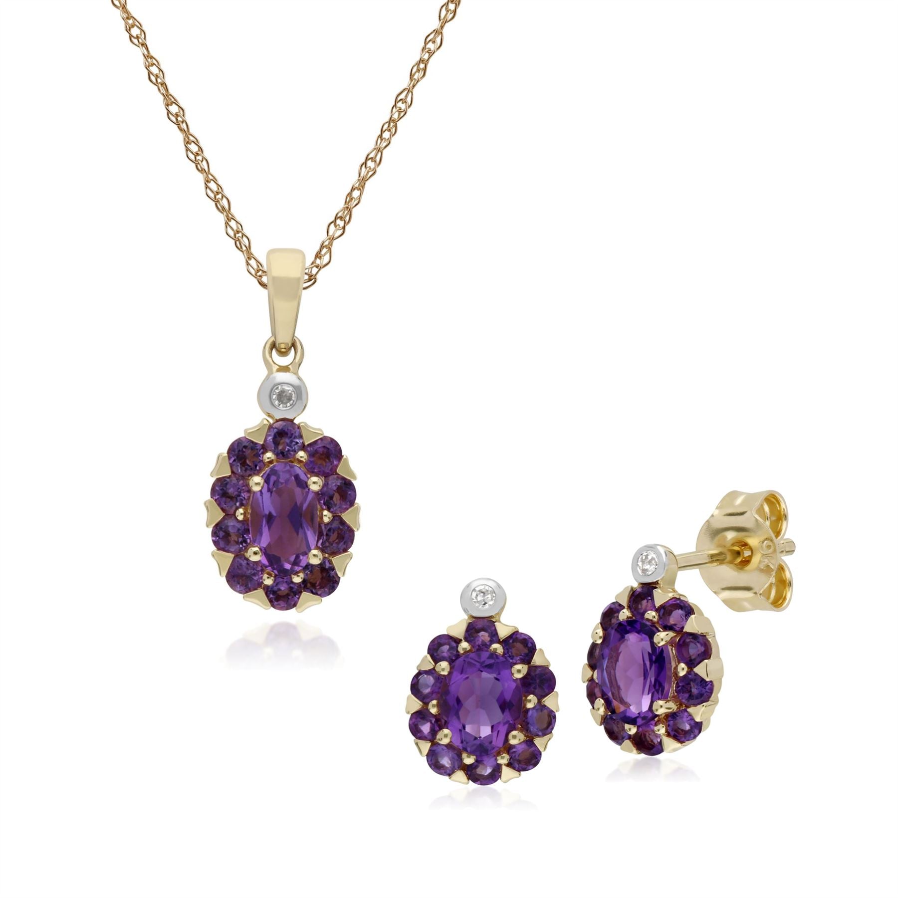 Boucles d'Oreilles Clou et Pendentif Classique Or Jaune 375 Améthyste et Diamant Cluster