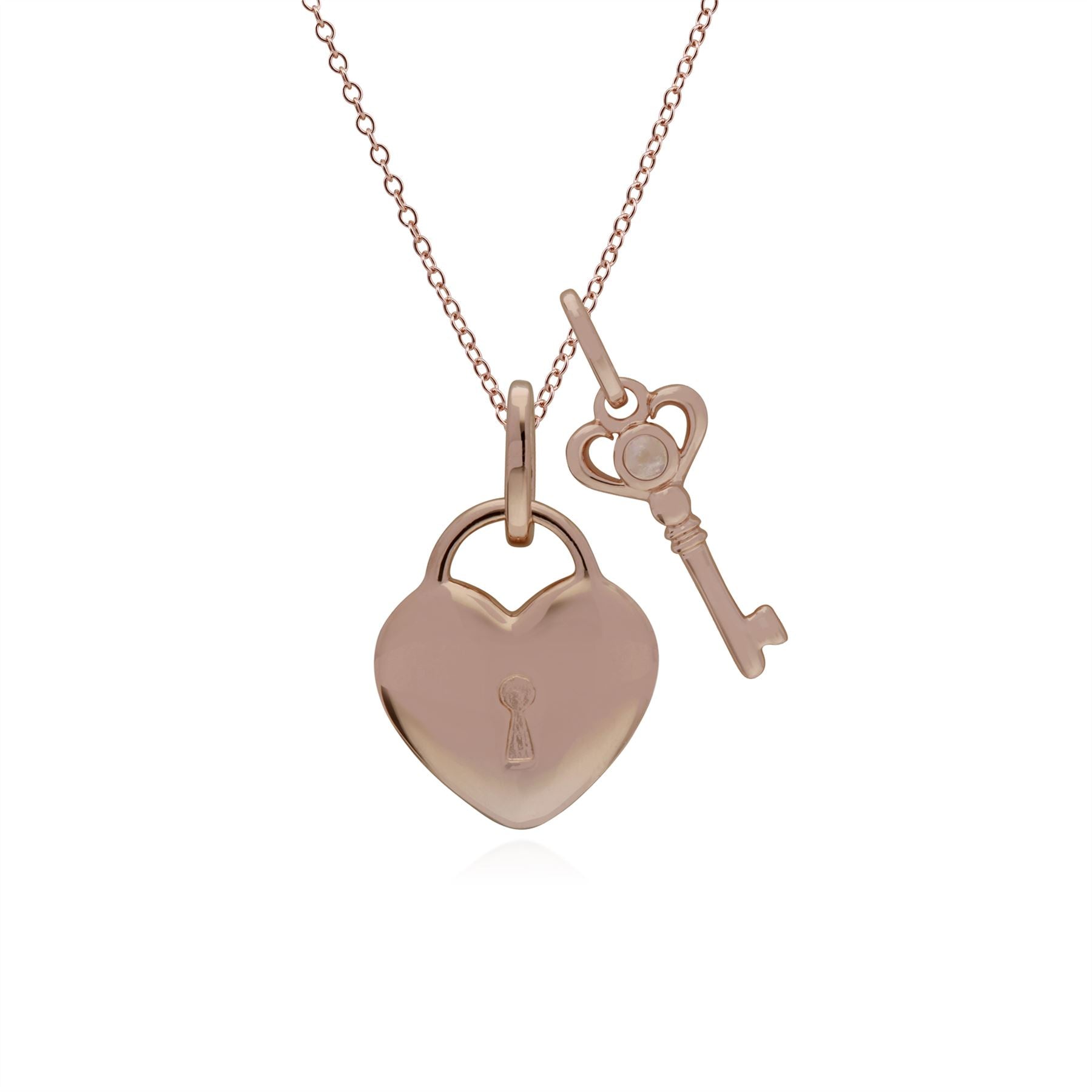 Pendentif Classique Cadenas Cœur Argent 925 Plaqué Or Rose et Charms Clé Pierre de Lune Arc-en-Ciel