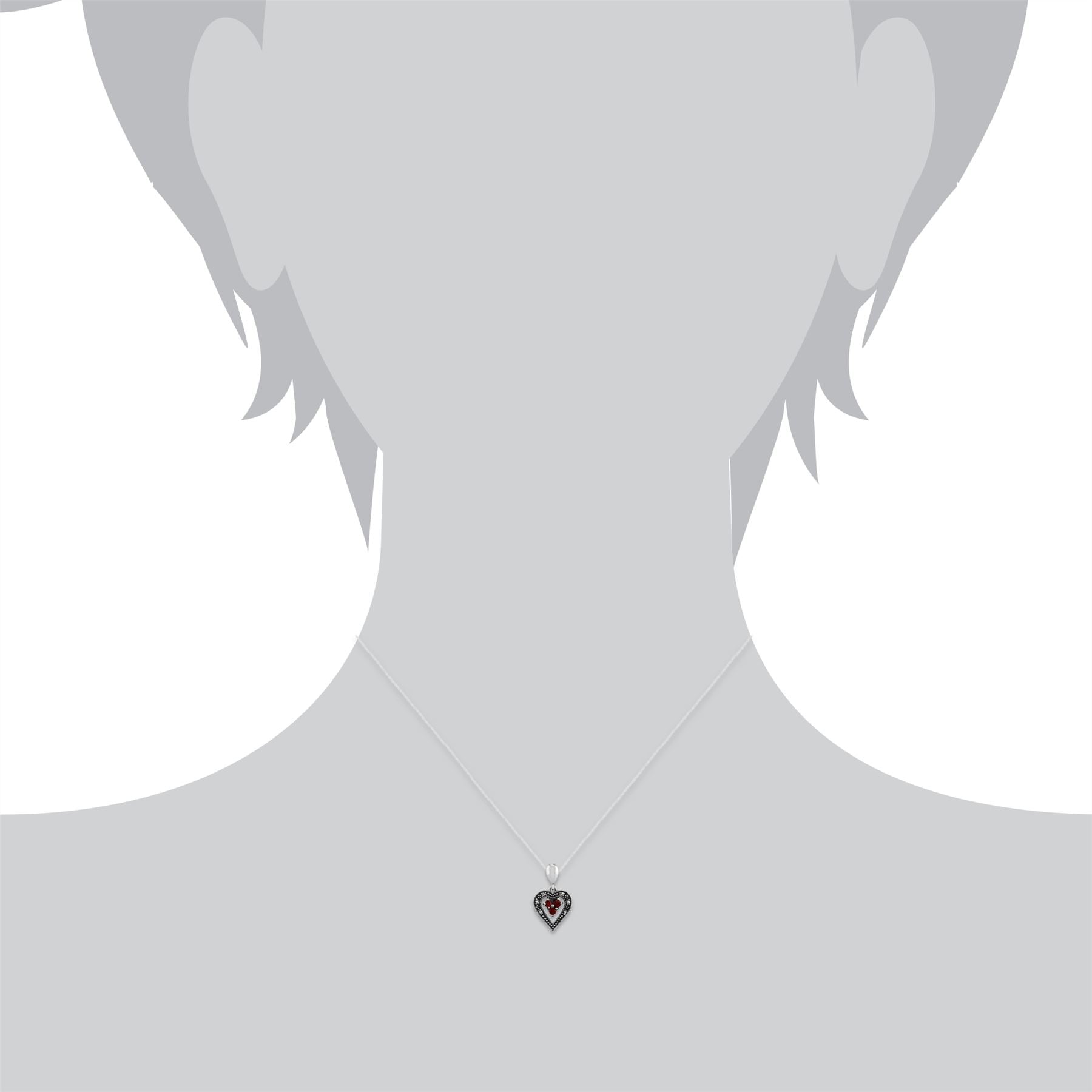Pendentif et Boucles d'Oreilles Pendantes Cœur Style Art Déco Argent 925 Grenat Rond et Marcassite