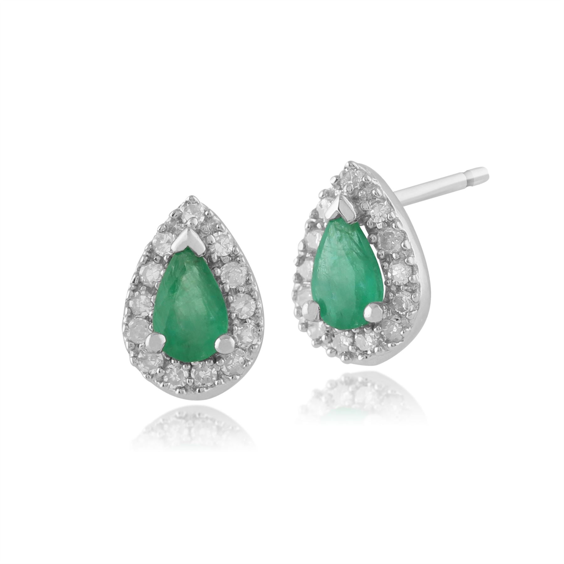 Pendentif et Boucles d'Oreilles Clou Classique Or Blanc 375 Emeraude Poire et Diamant Halo