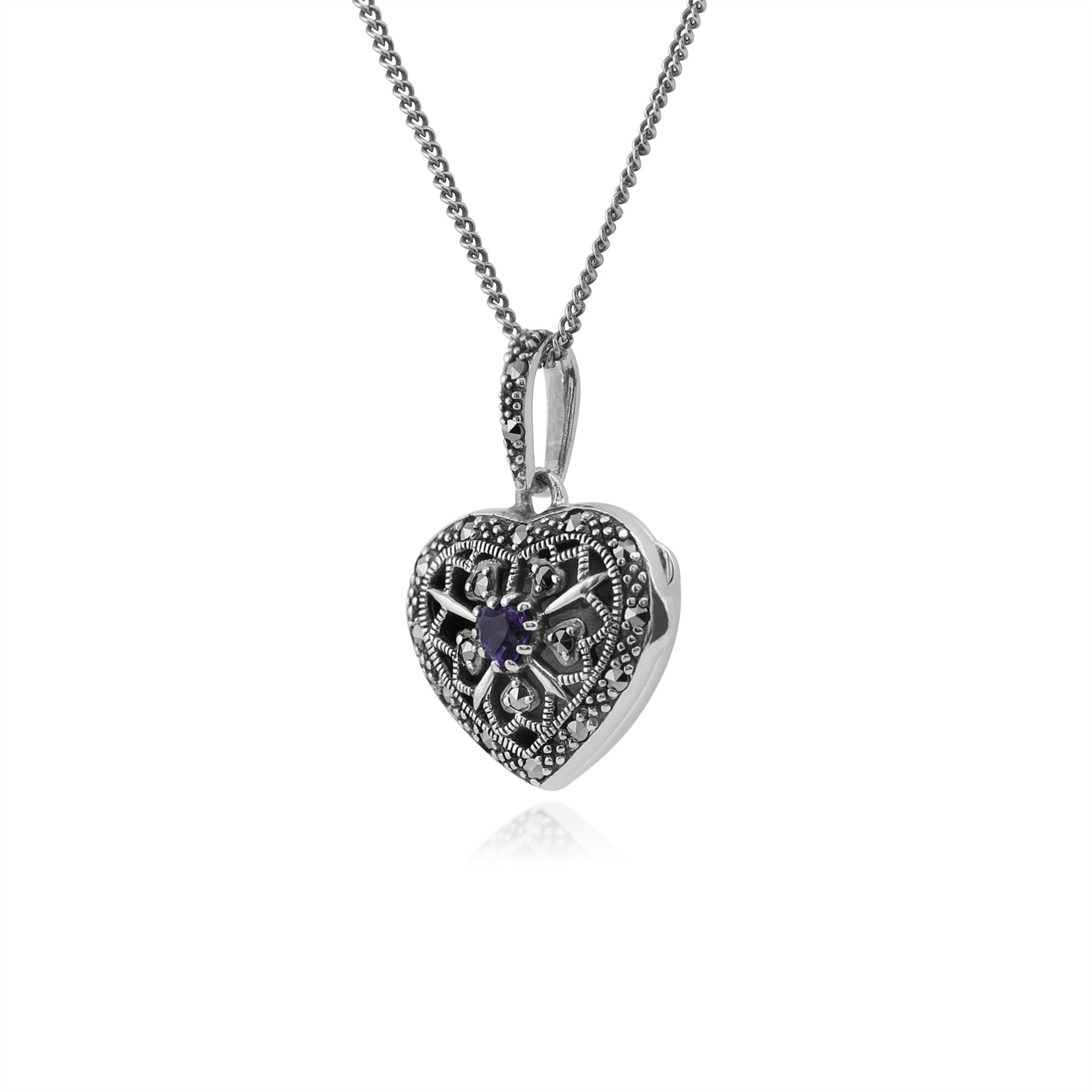 Collier Cœur Porte-Photo Style Art Nouveau Argent 925 Améthyste et Marcassite