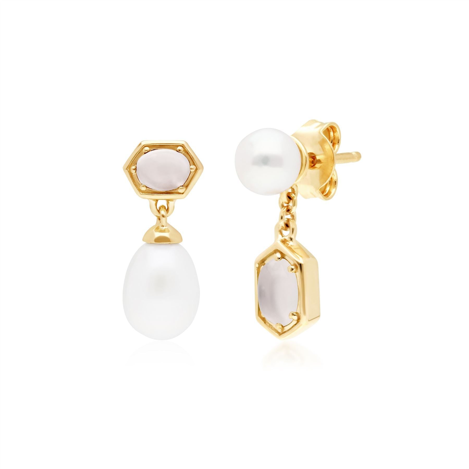 Boucles d'Oreilles Pendantes Asymétrique Perle Moderne Argent 925 Plaqué Or Perle et Pierre de Lune