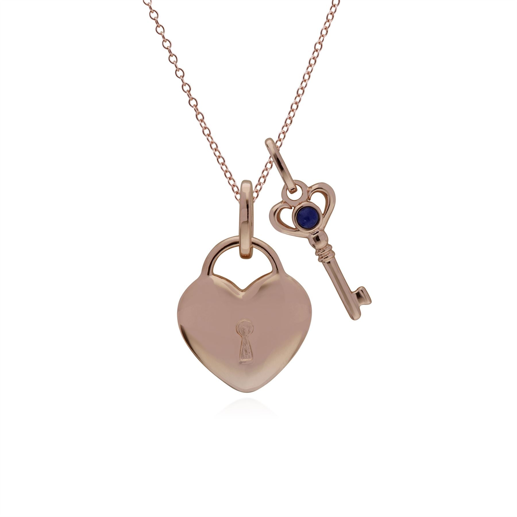 Pendentif Classique Cadenas Cœur Argent 925 Plaqué Or Rose et Charms Clé Lapis Lazuli