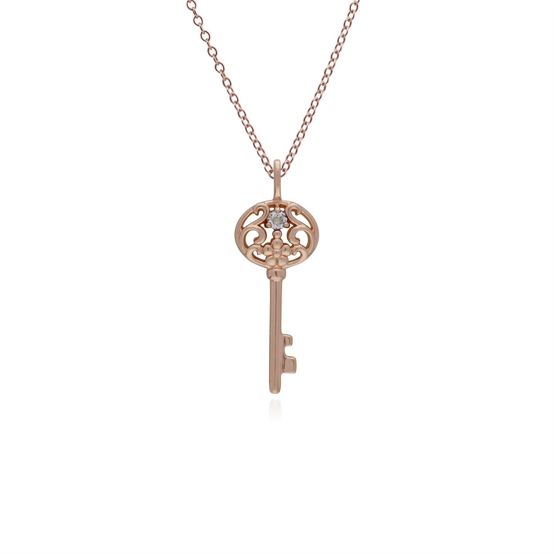 Pendentif Classique Cadenas Cœur Argent 925 Plaqué Or Rose et Charms Grande Clé Topaze Blanche