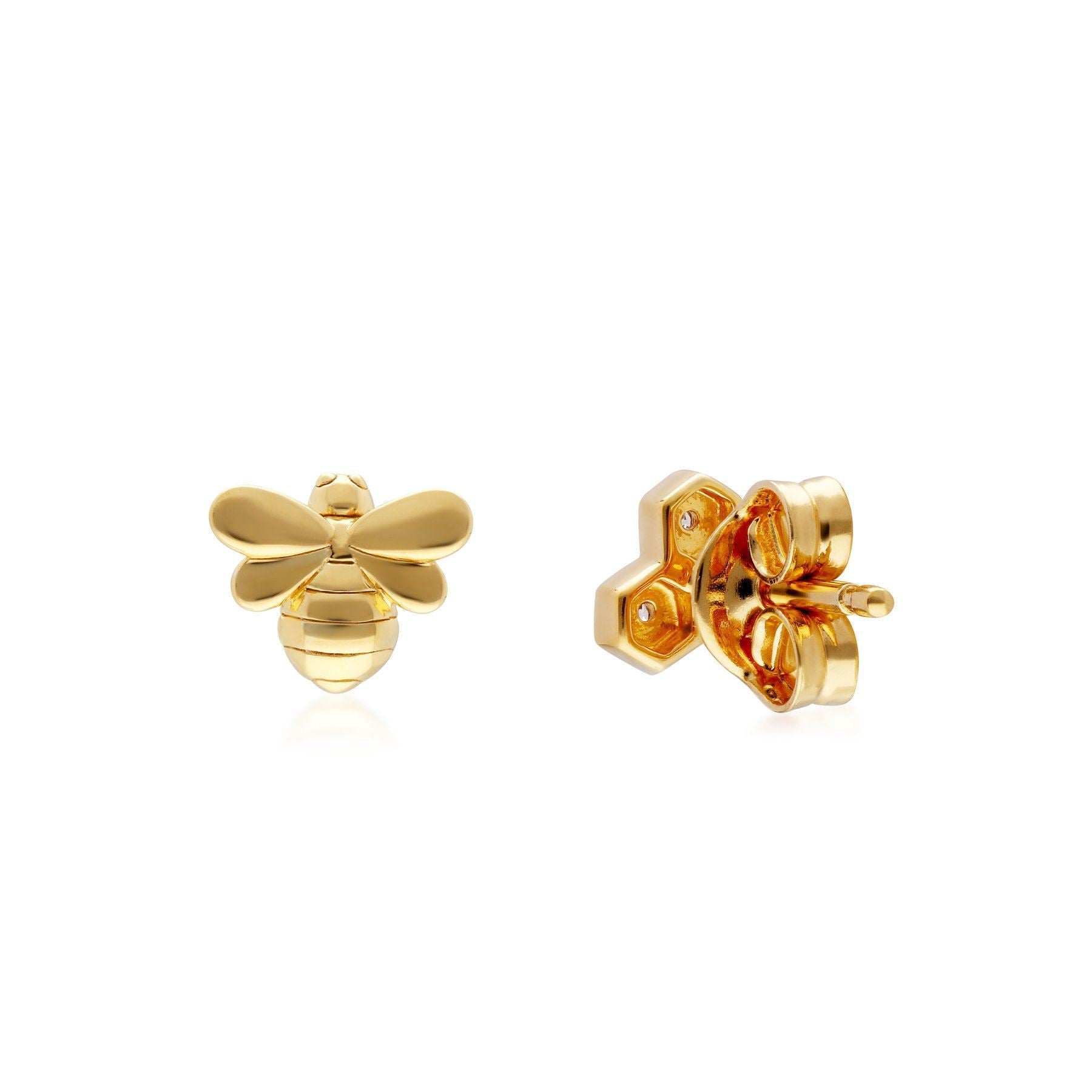 Boucles d'Oreilles Clou Asymétriques Abeilles Collection Honeycomb Or Jaune 375 Diamant