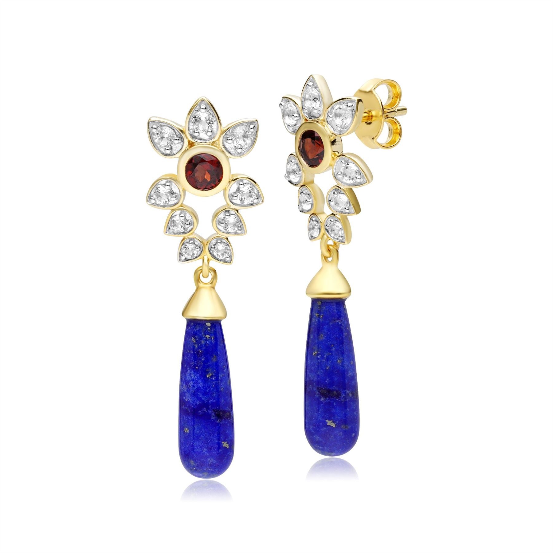 Gemondo Boucles D'Oreilles Pendantes Florales ECFEW™ 'The Creator' Lapis Lazuli Topaze Blanche et Grenat