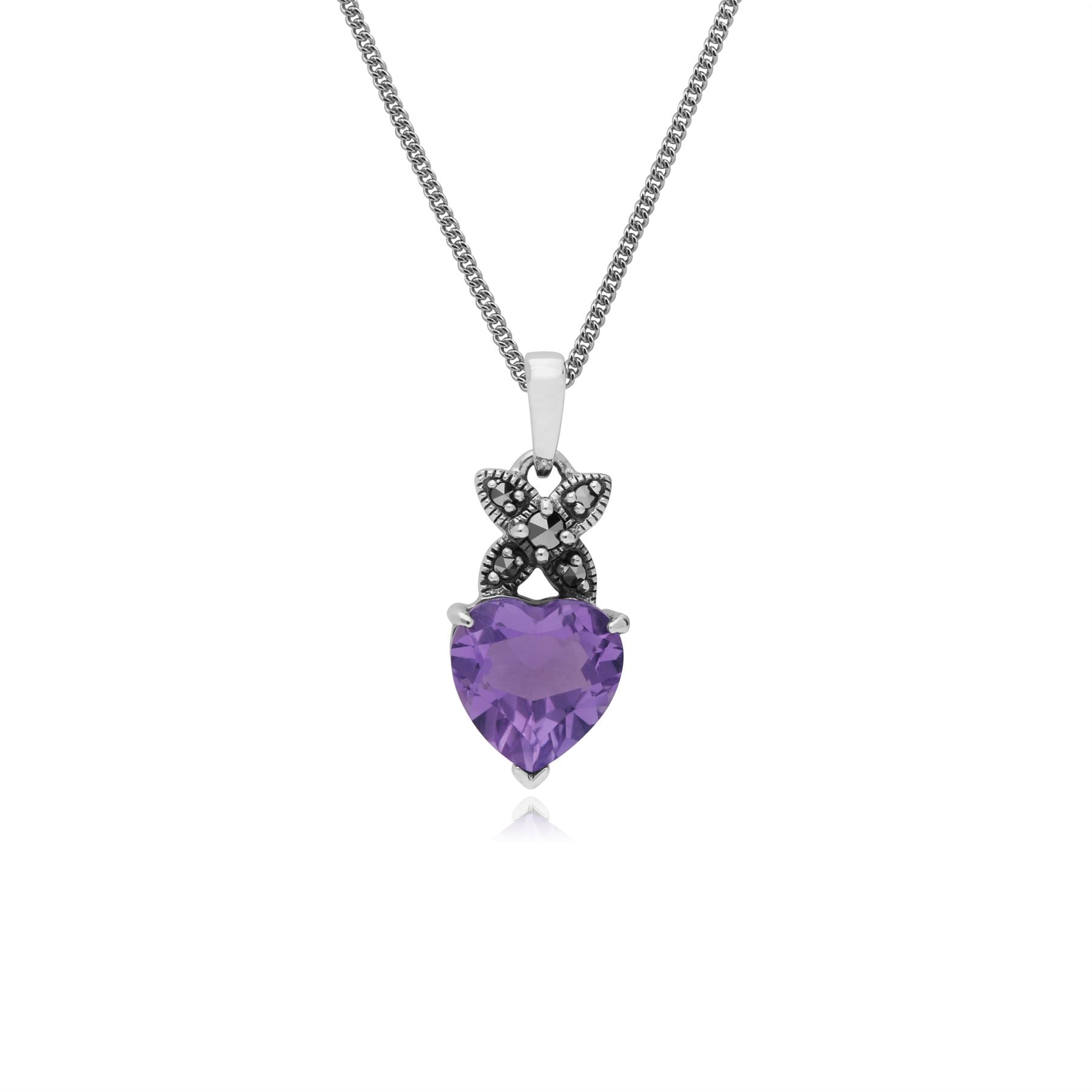 Pendentif Cœur Classique Argent 925 Améthyste et Marcassite bélière Croisée
