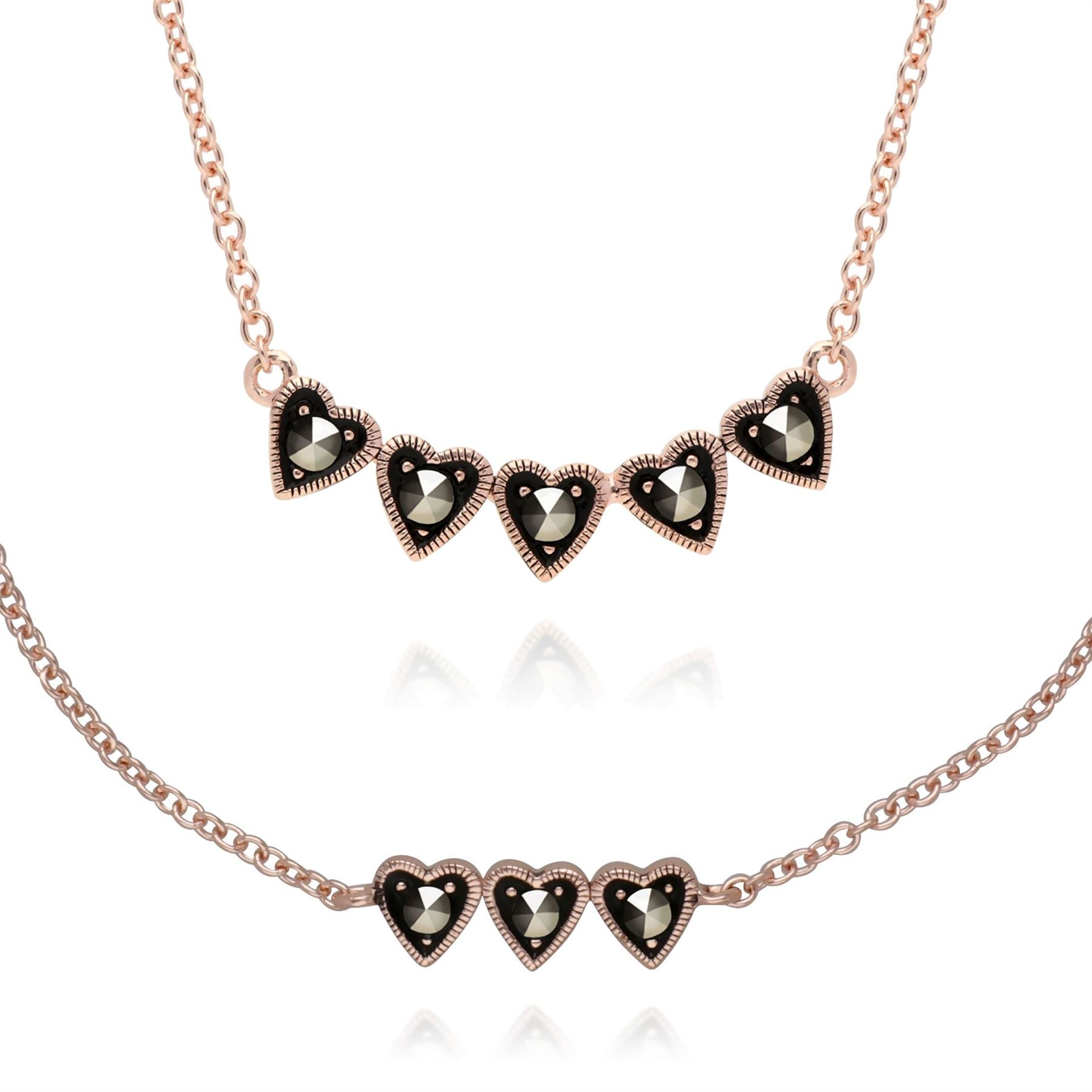 Bracelet et Collier Cœur Argent 925 Plaqué Or Rose Marcassite