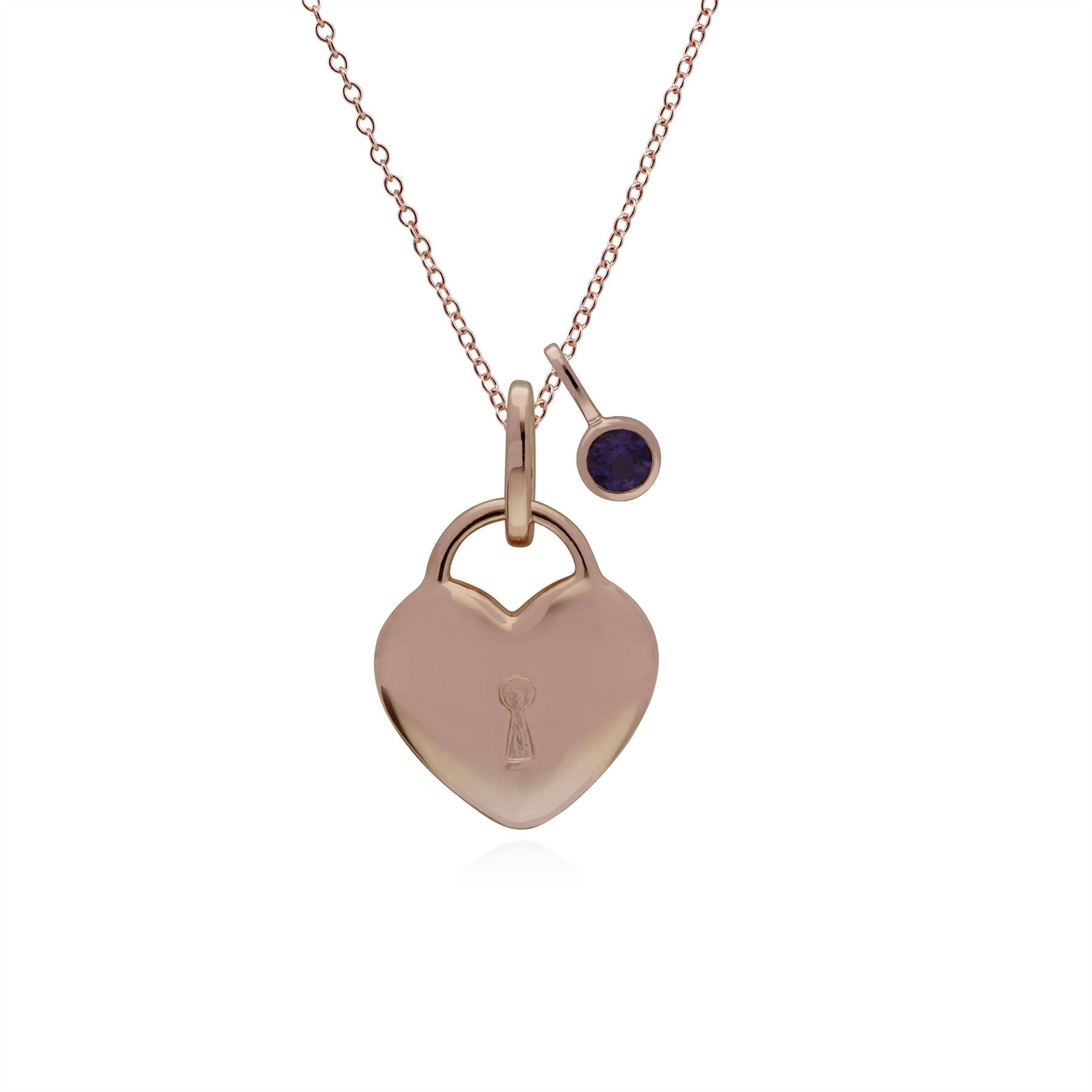 Pendentif Classique Cadenas Cœur Argent 925 Plaqué Or Rose et Charms Améthyste