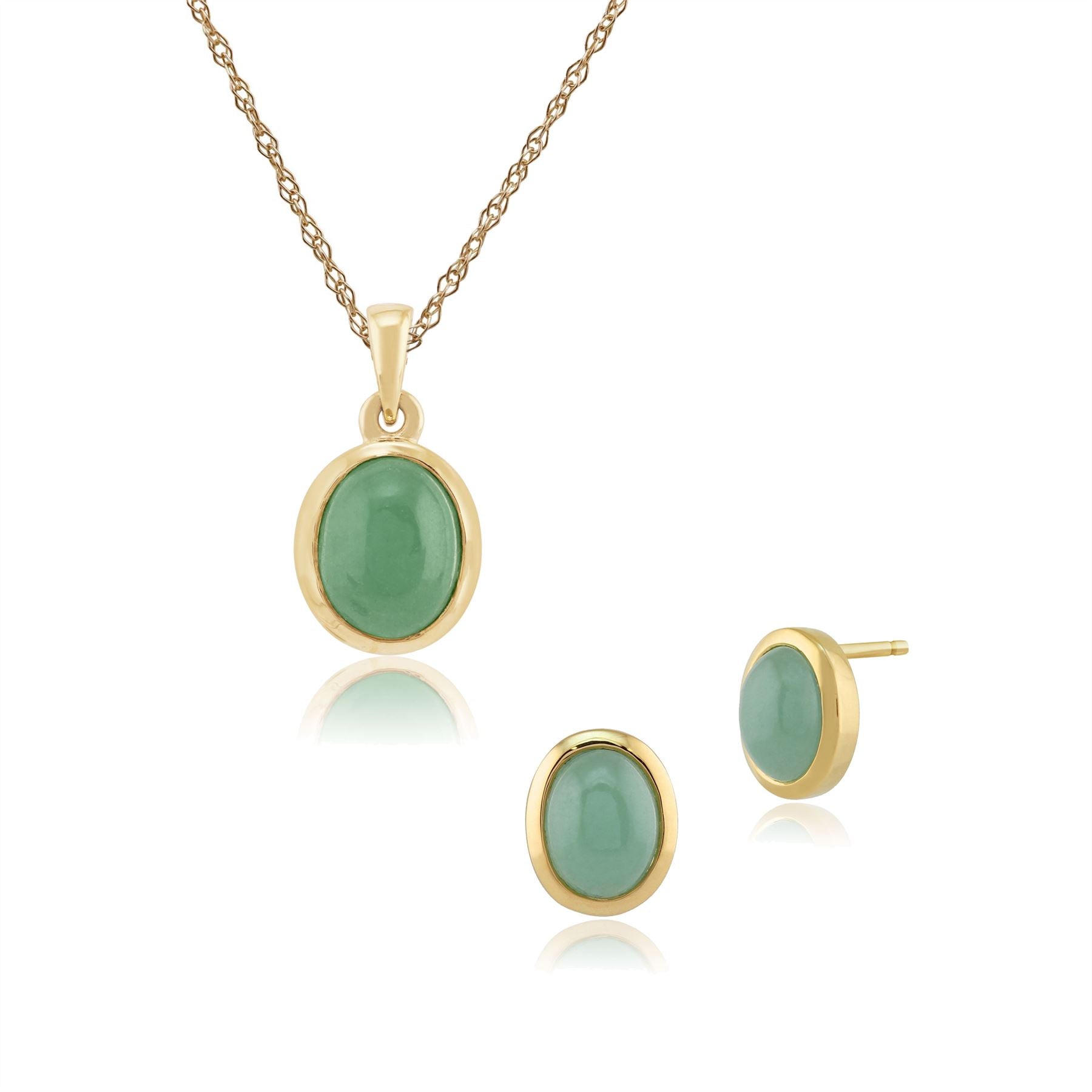 Pendentif et Boucles d'Oreilles Clou Classique Or Jaune 375 Jade Ovale sertis Clos