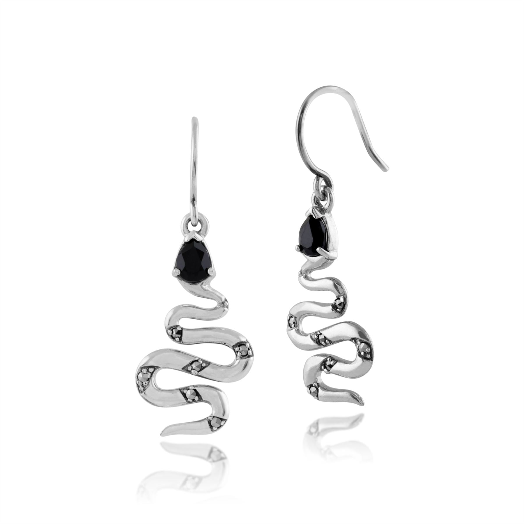 Boucles d'Oreilles Pendantes Serpent Style Art Déco Argent 925 Spinelle Noir Poire et Marcassite