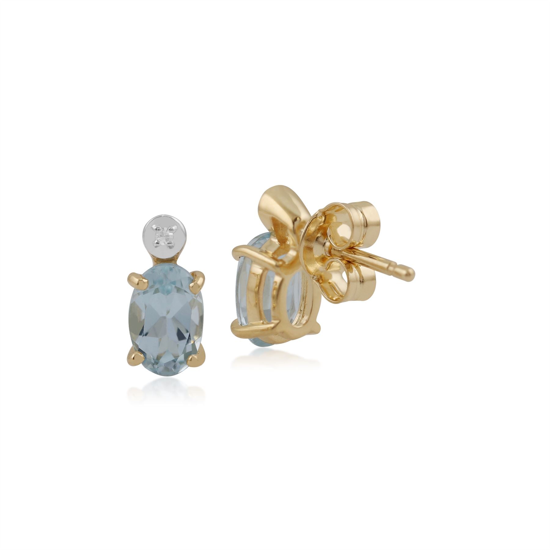 Boucles d'Oreilles Clou Classique Or Jaune 375 Aigue-Marine Ovale et Diamant