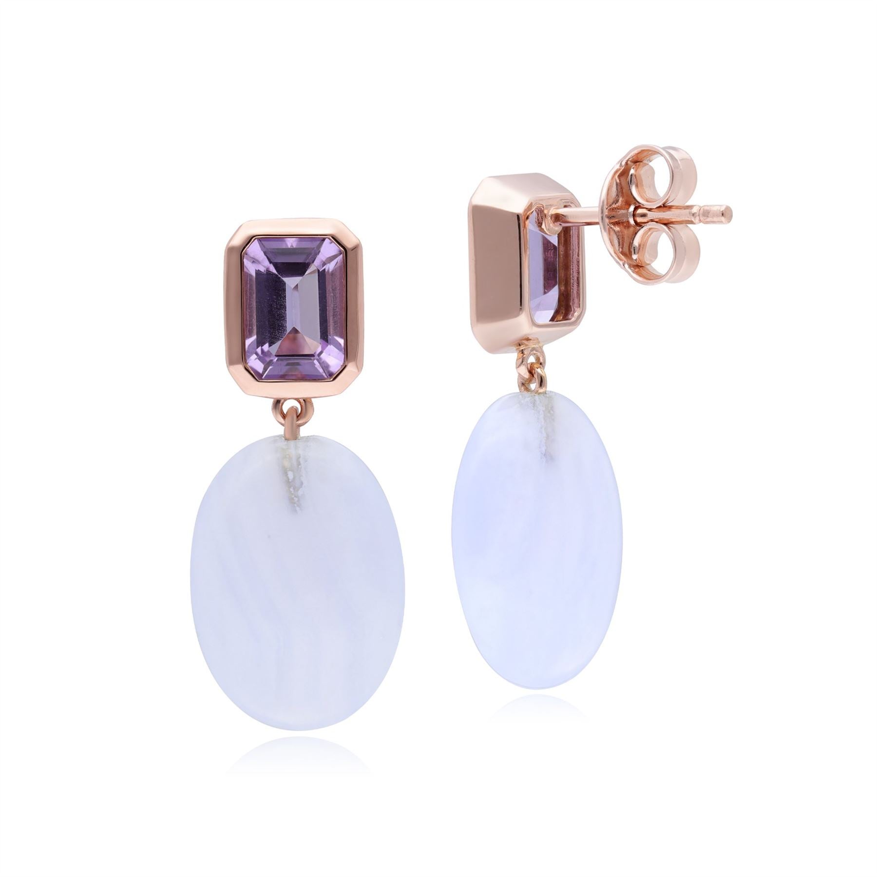 Boucles d'Oreilles Pendantes ECFEW 'The Unifier' en Argent 925 Doré à l'Or Fin Rose Agate Bleue Cabochon Oval et Améthystes Baguette