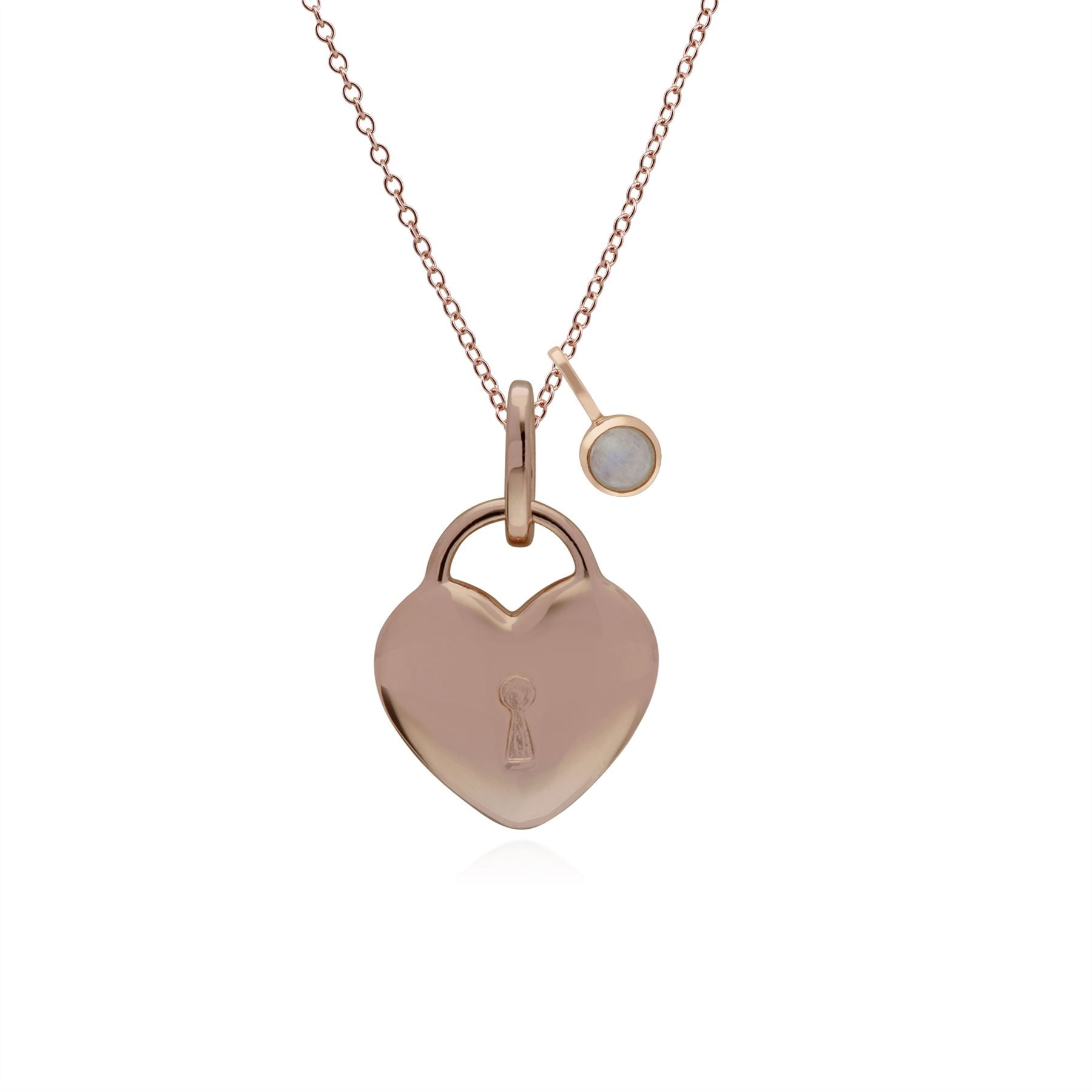 Pendentif Classique Cadenas Cœur Argent 925 Plaqué Or Rose et Charms Pierre de Lune Arc-en-Ciel