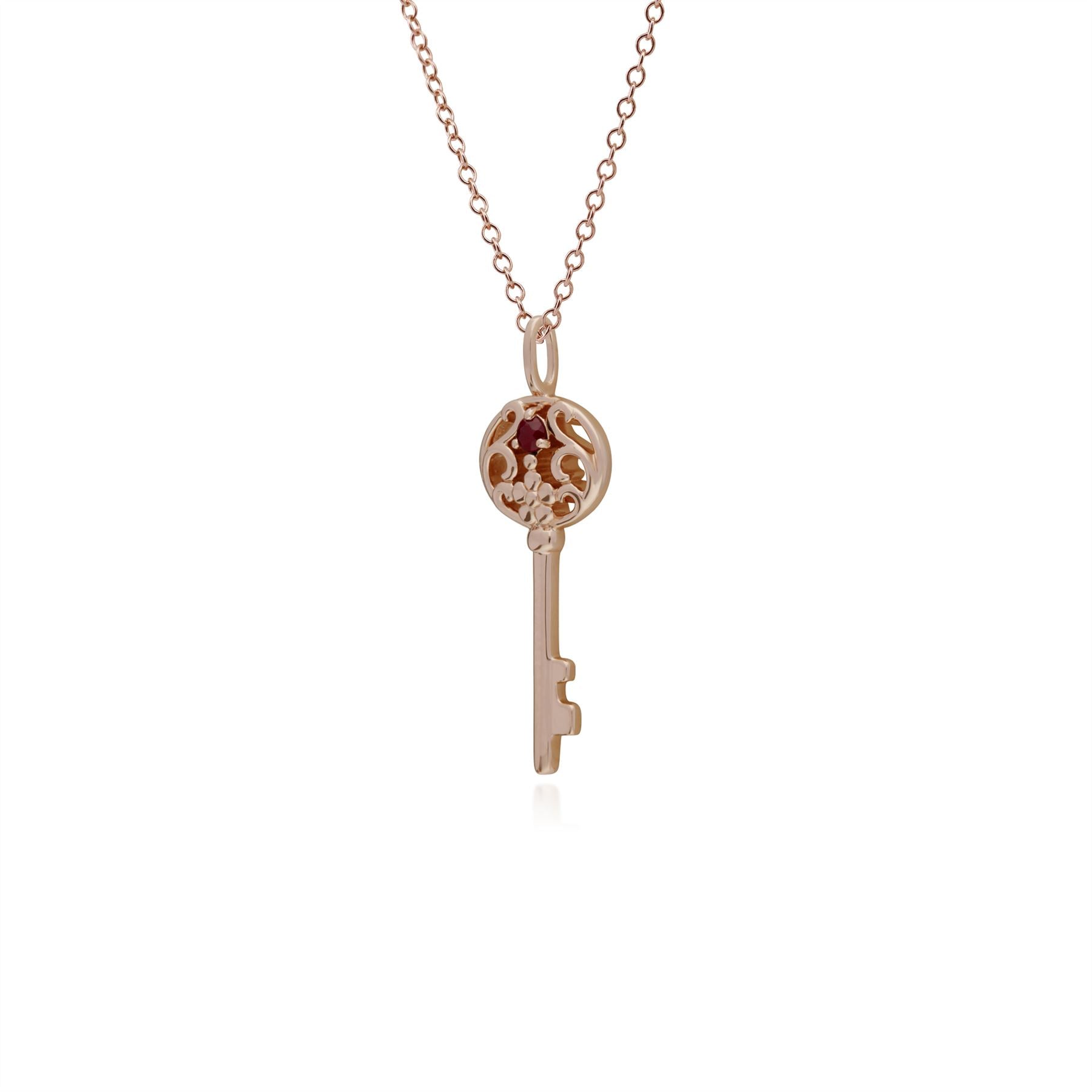 Pendentif Classique Argent 925 Plaqué Or Rose Grande Clé avec Rubis Rond