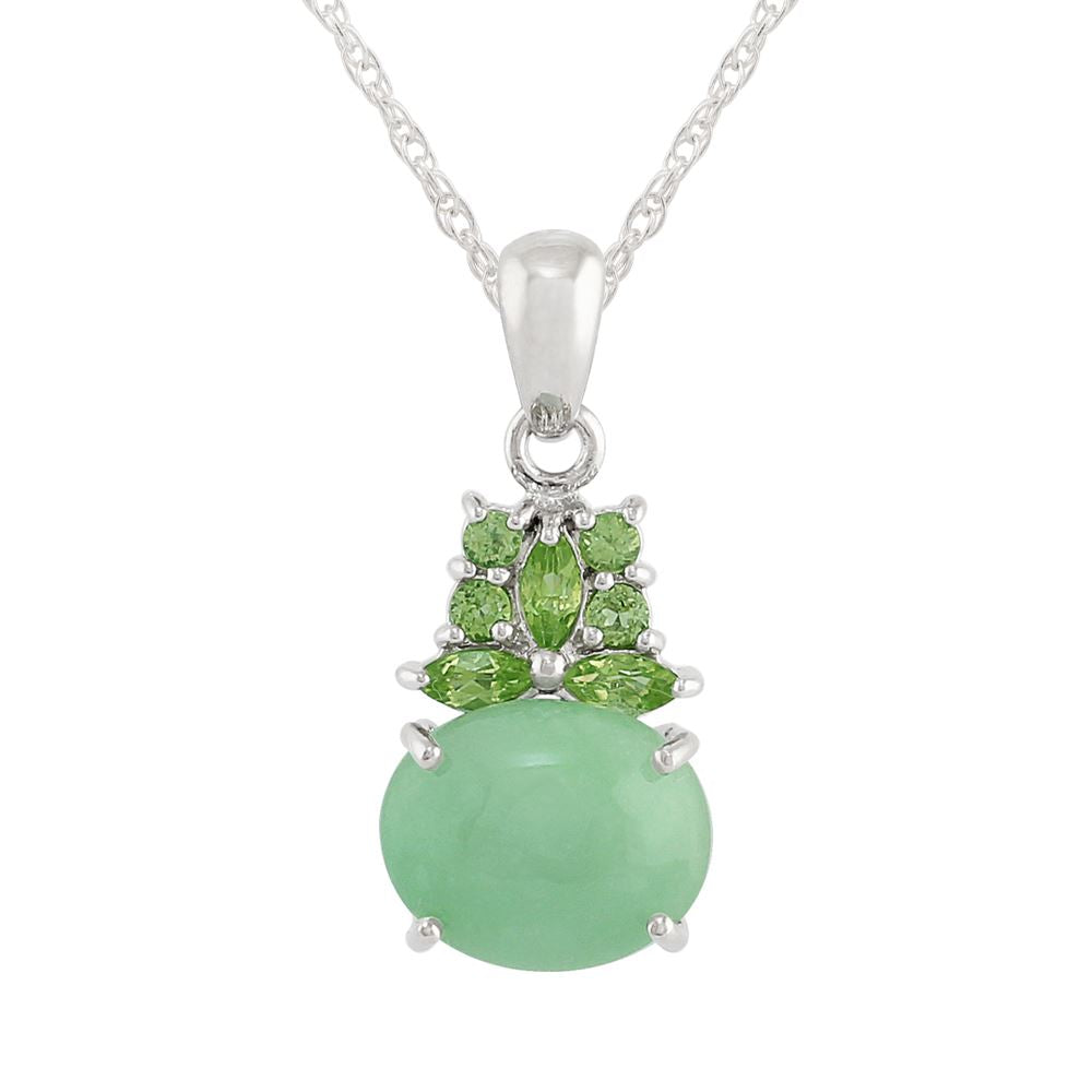 Pendentif Classique Argent 925 Jade Verte Cabochon et Péridot Style Cluster