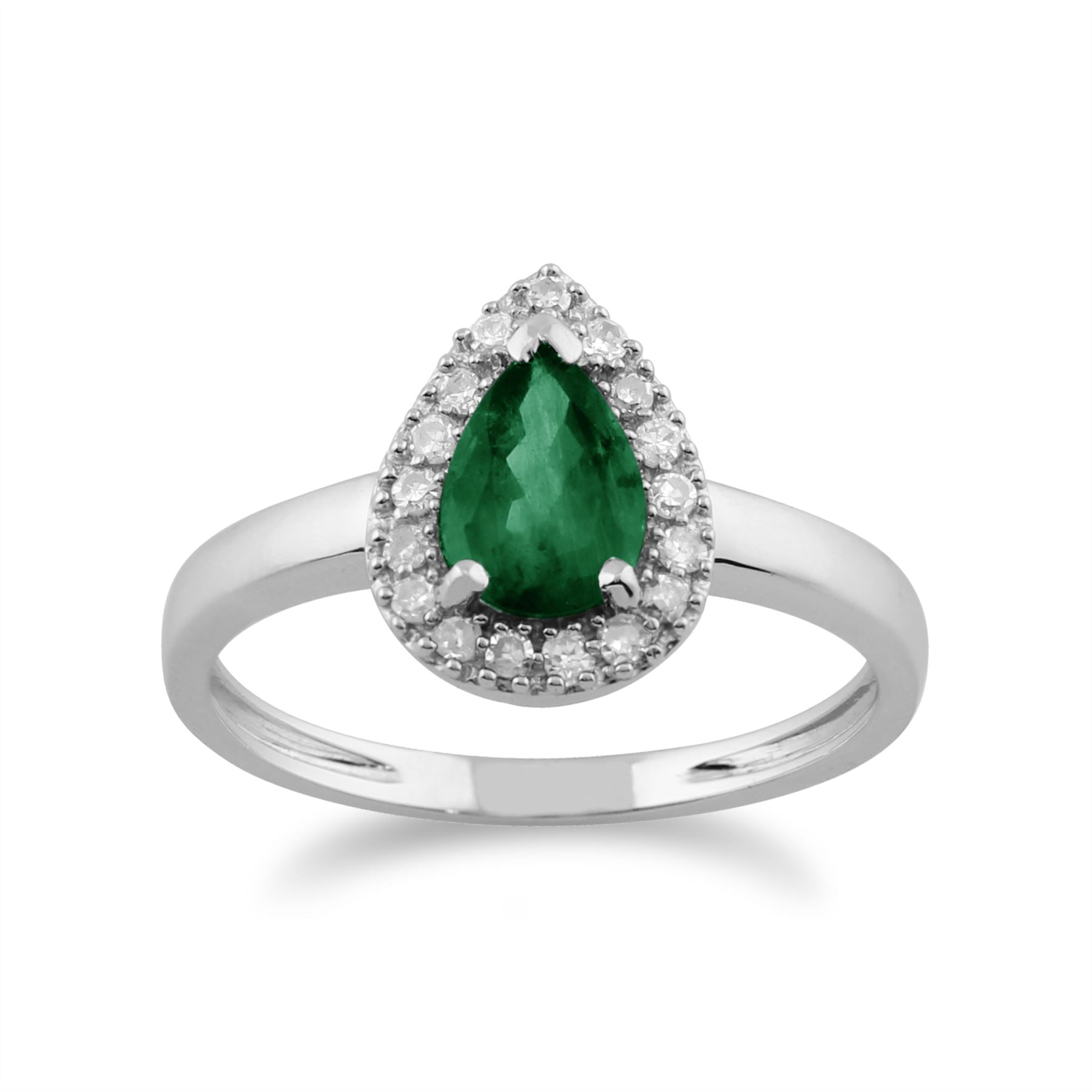 Bague Classique Or Blanc 375 Emeraude Poire et Diamand halo