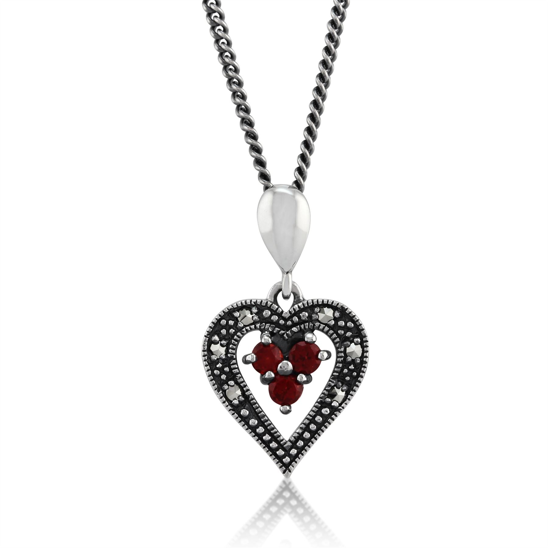 Pendentif et Boucles d'Oreilles Pendantes Cœur Style Art Déco Argent 925 Grenat Rond et Marcassite